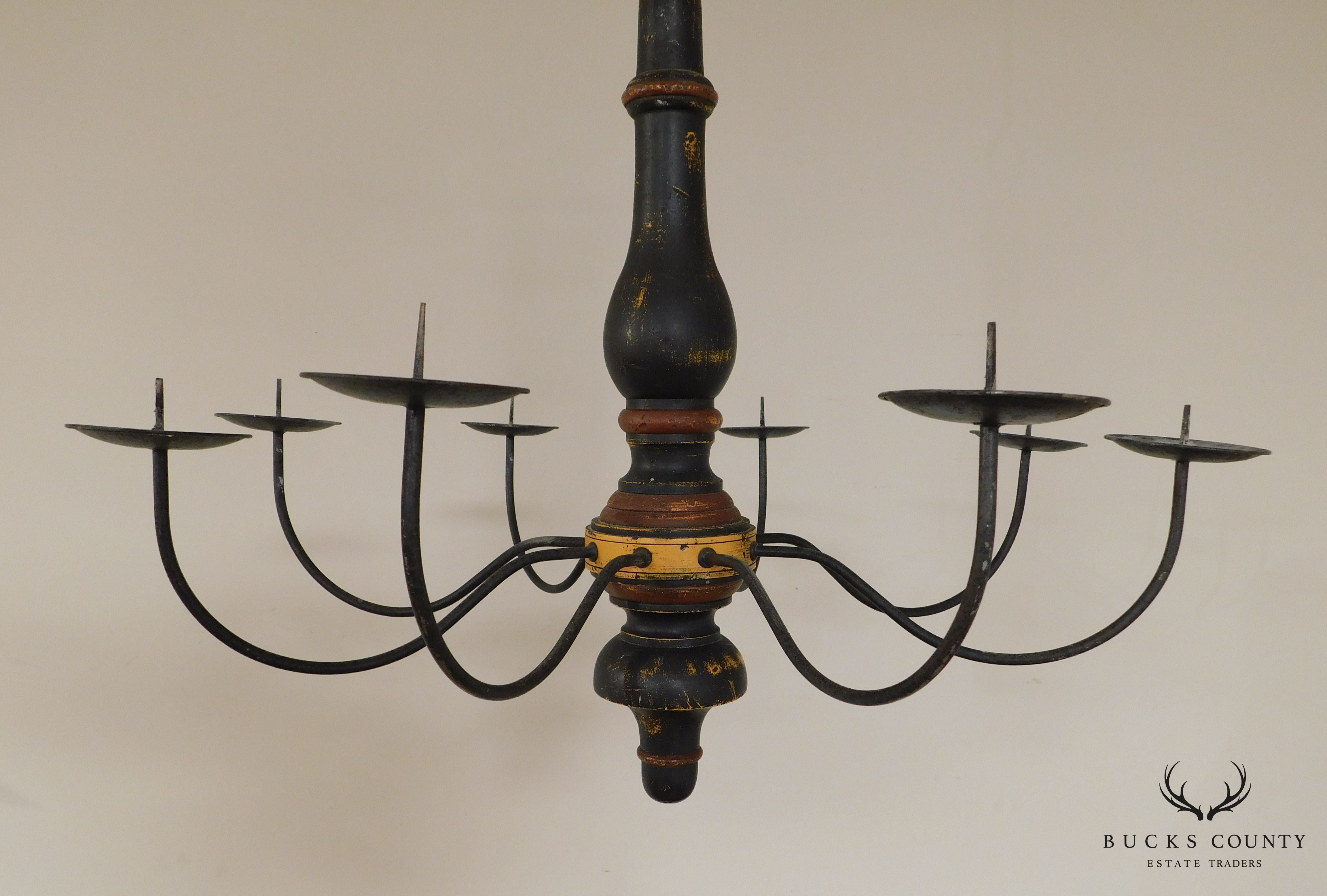 Custom Quality Folk Art 8 Light Turned Wood & Iron Chandelier