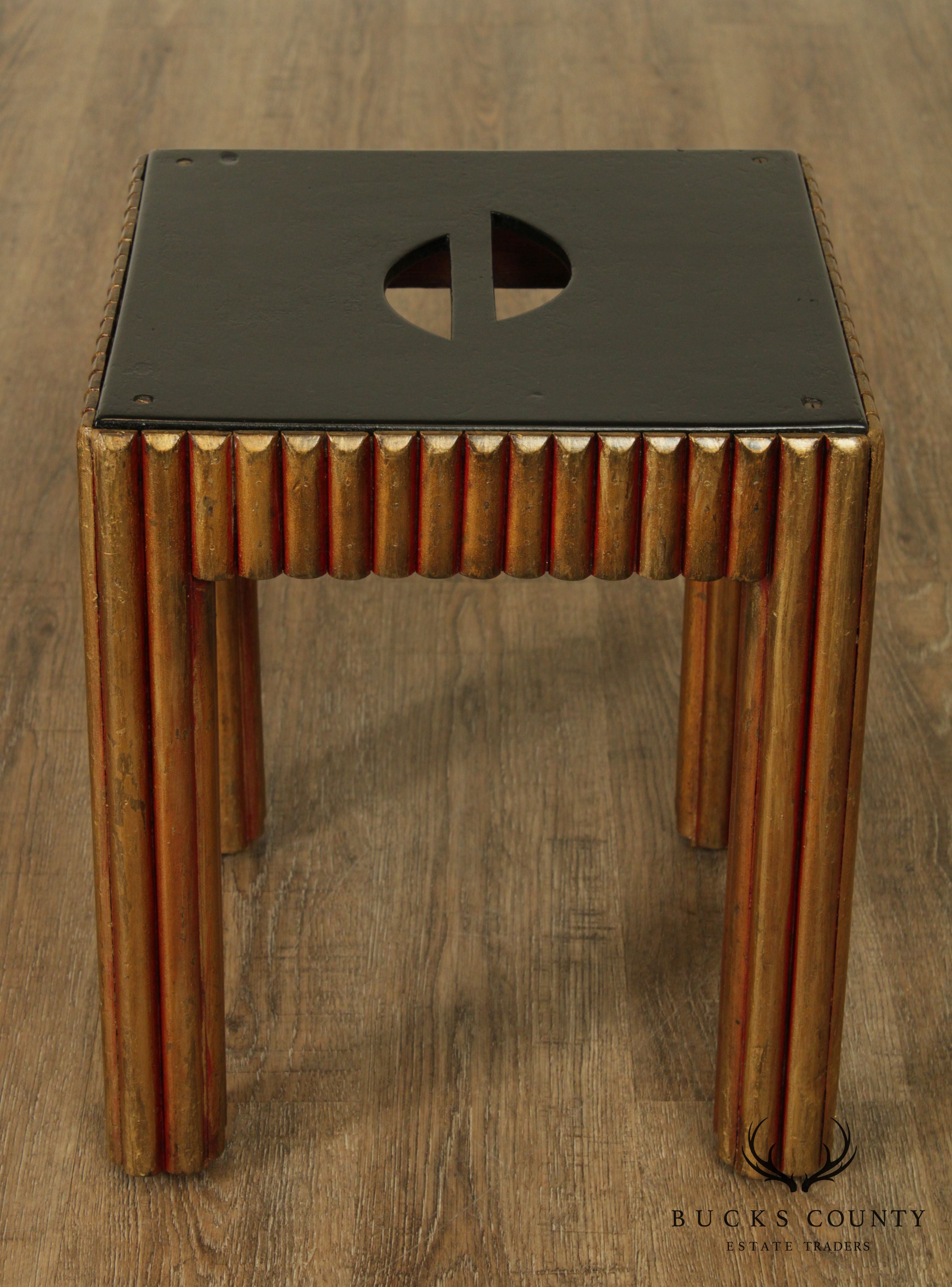 Vintage Art Deco Polychrome Painted Black and Gold Taboret Side Table