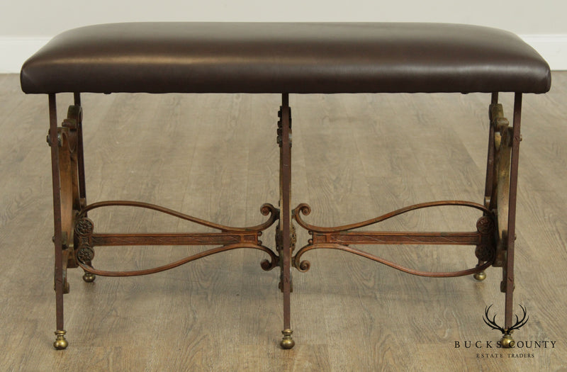 Antique Wrought Iron Leather Seat Bench