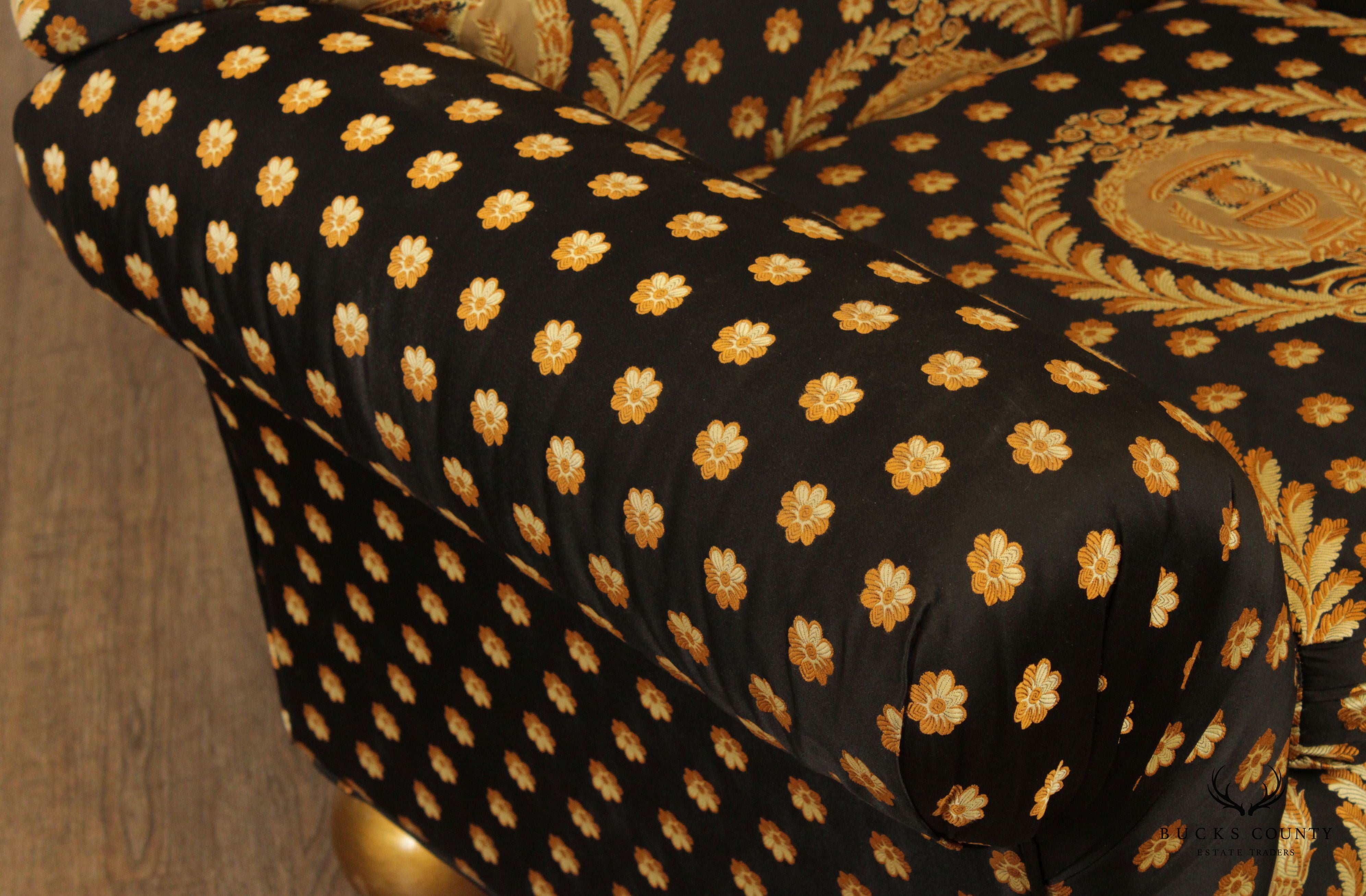 Pair of Custom Black and Gold Upholstered Club Chairs