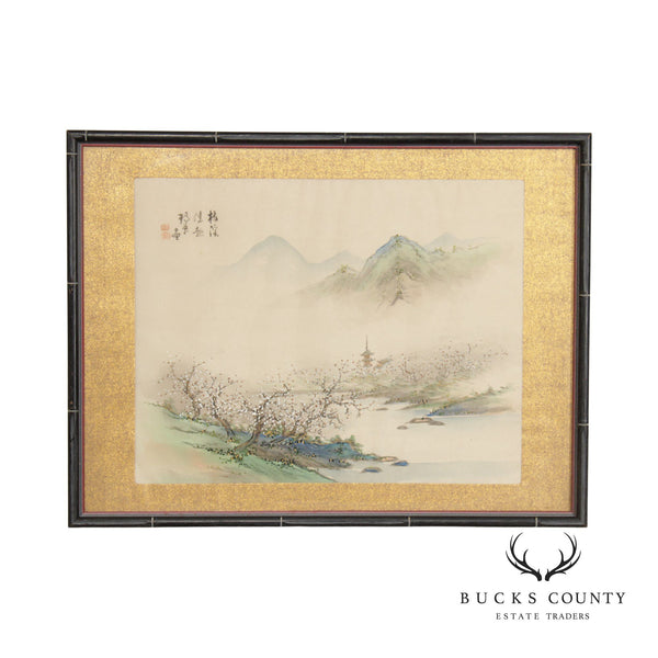 Chinese Mountain Village Landscape Painting On Silk, Custom Framed