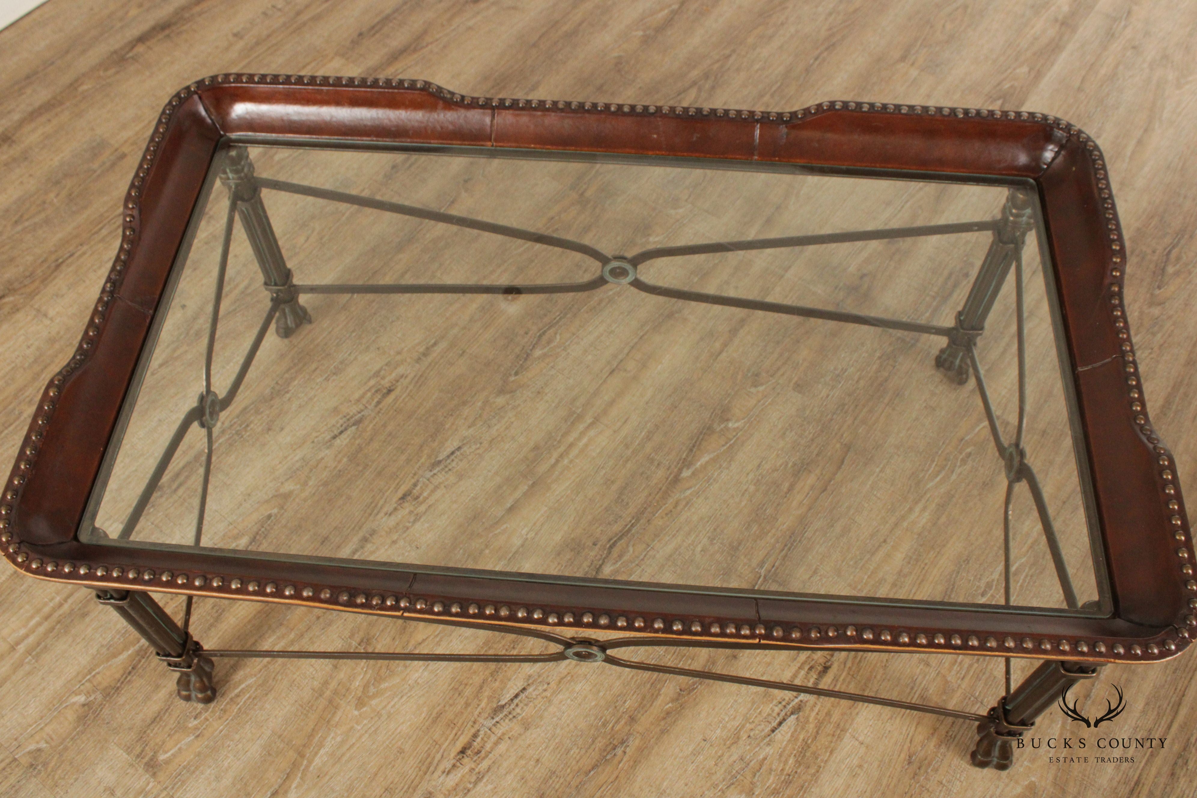 Maitland Smith Regency Style Leather Wrapped Glass Top Coffee Table