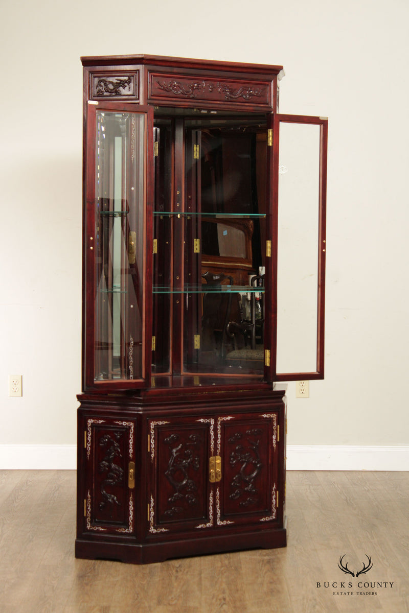 Chinese Rosewood Carved Illuminated Corner Display Cabinet