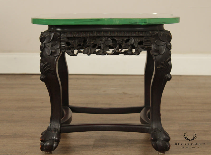 Antique Asian Ornate Carved Tabouret Side Table with Glass Top