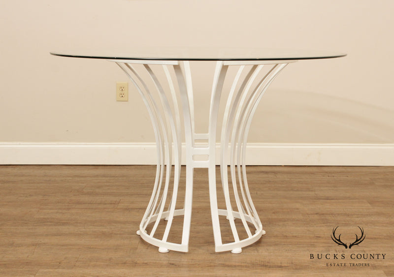 Johnston Casuals Postmodern White Lacquer Wrought Iron Round Glass Top Dining Table + 4 Chairs