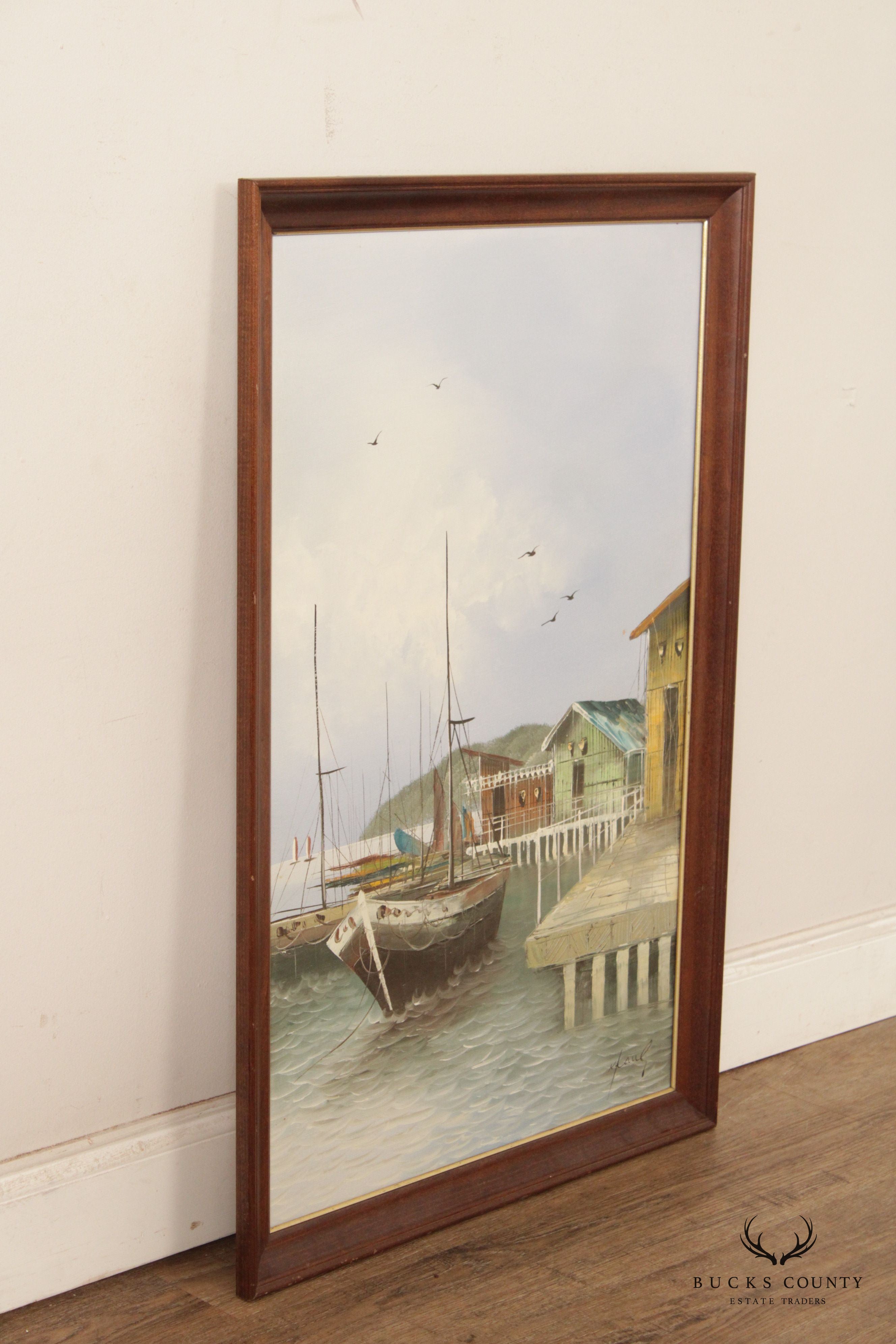 Vintage 20th C. Boats in Harbor Seascape Original Painting, By K. Paul