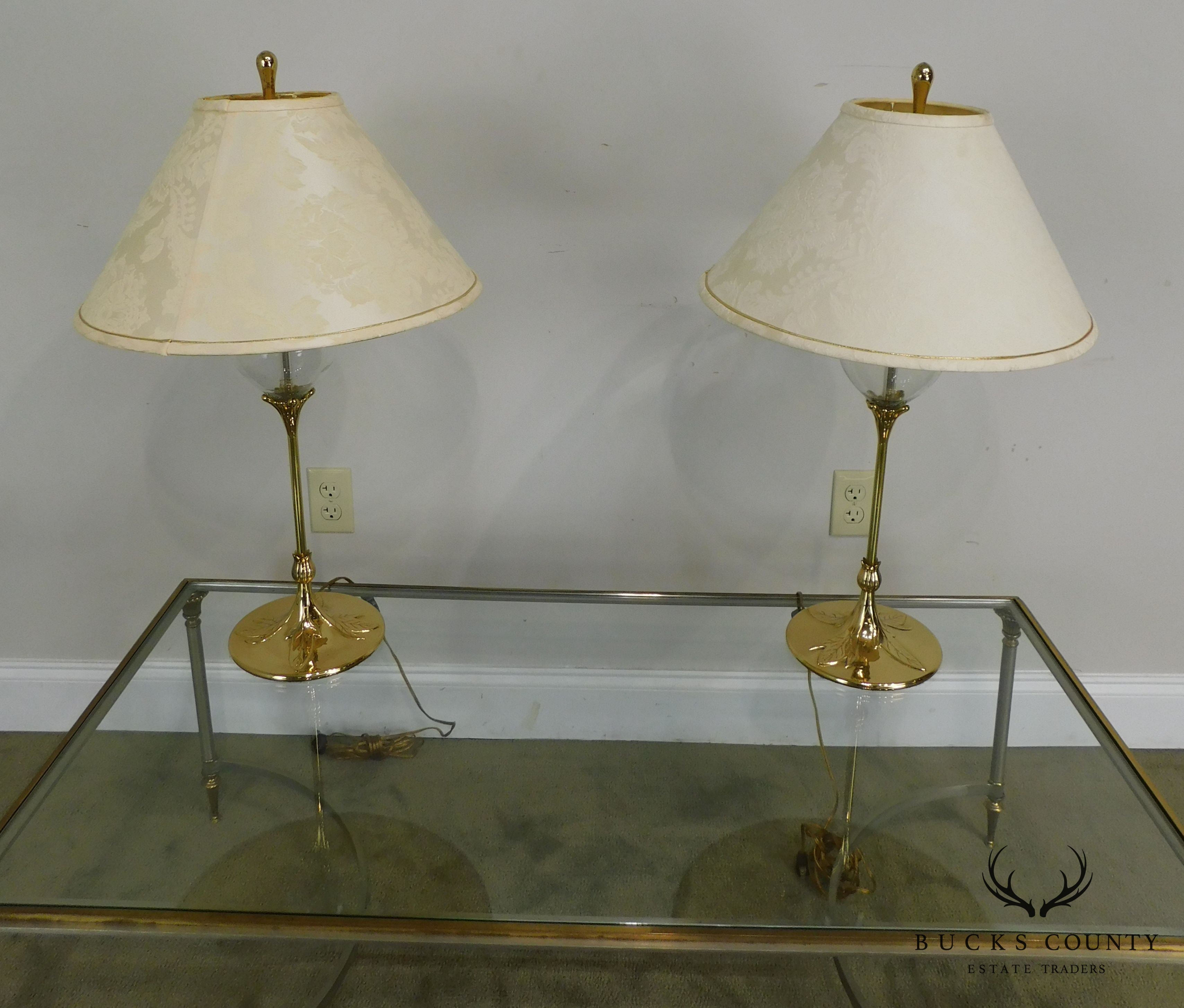 Vintage Pair of Quoizel Brass and Glass Foliate Table Lamps W/Shades