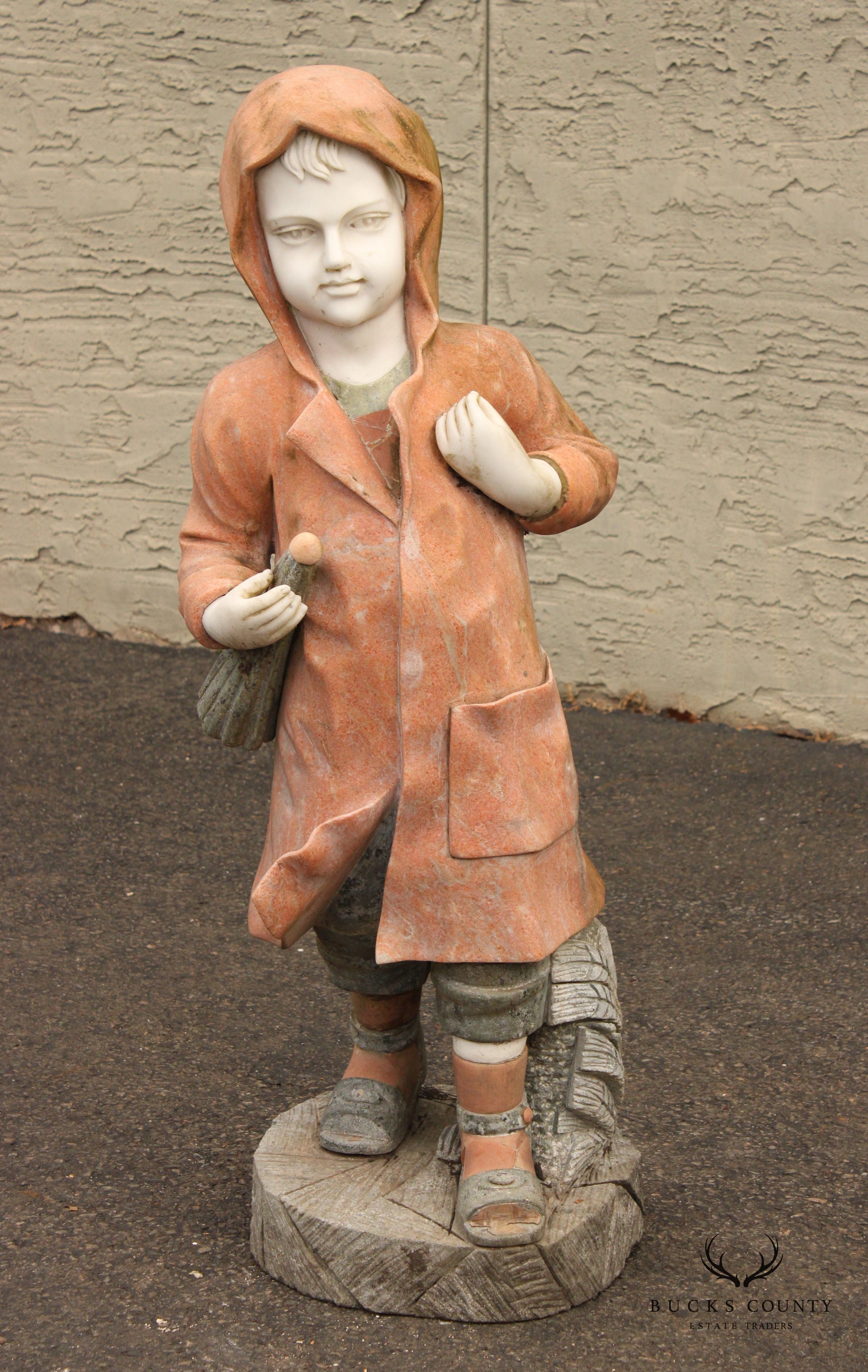 Vintage Figural Boy Marble Outdoor Garden Statue