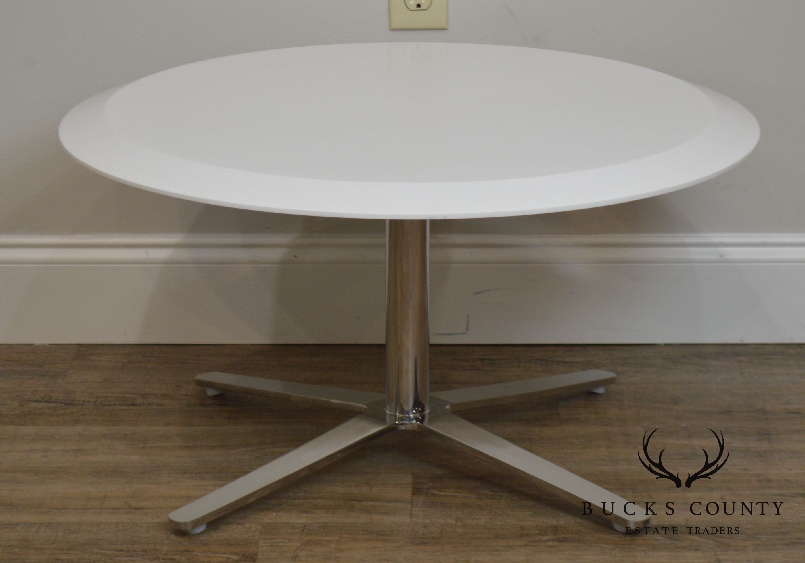 Cumberland Mid-Century Modern Style pair Chrome Pedestal Base Round White Tables