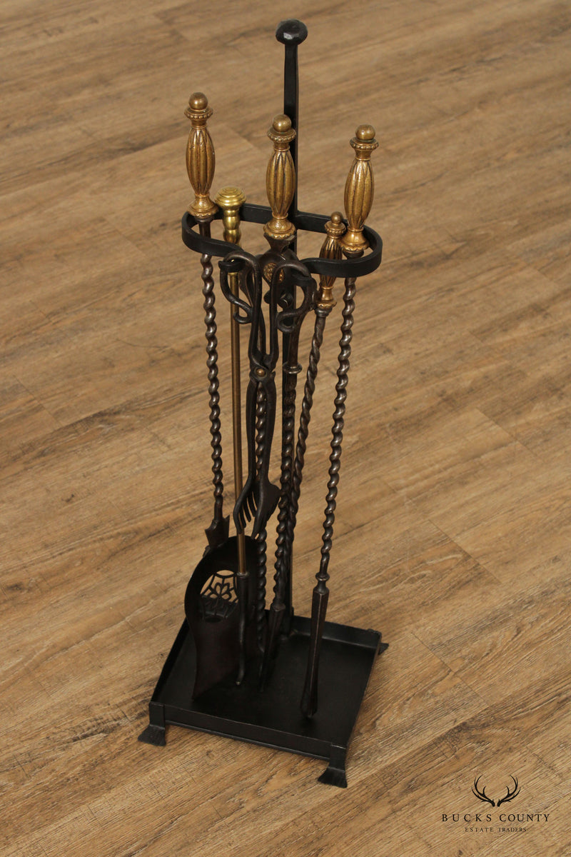 Vintage Six-Piece Set Forged Iron and Brass Fireplace Tools