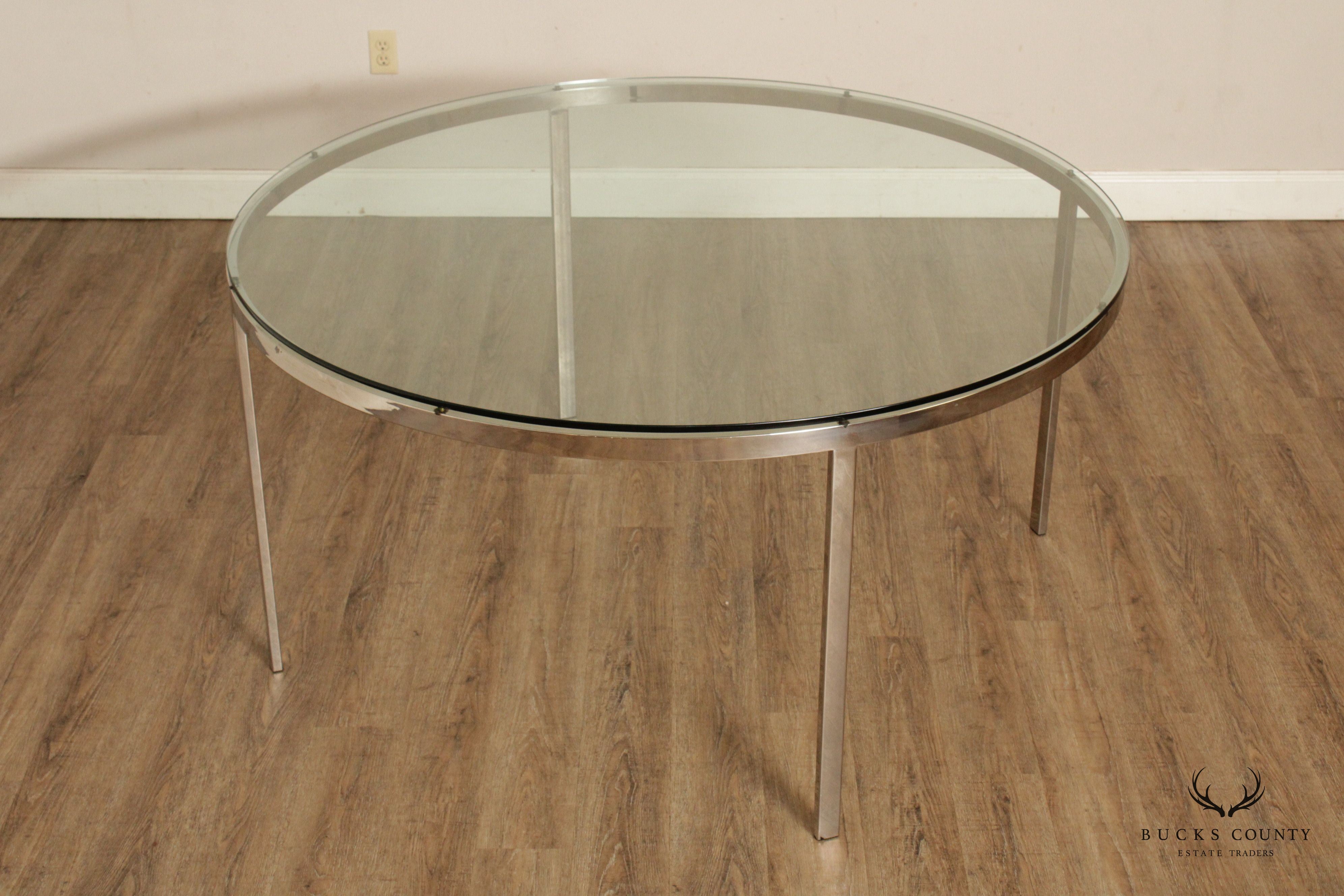 1970s Post Modern Chrome Glass Top Round Dining Table