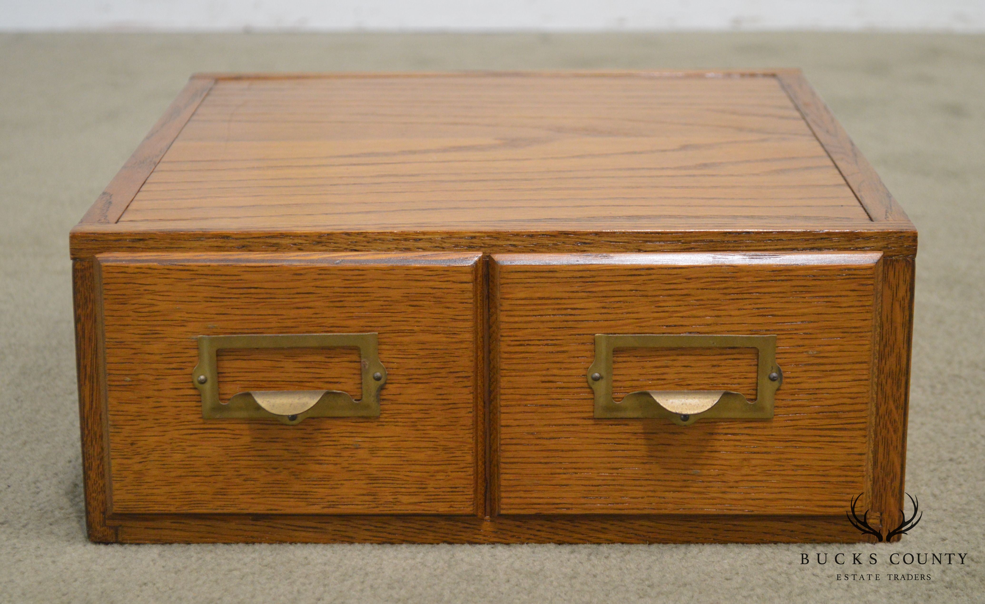 Antique Oak Desktop 2 Drawer Library Card File Cabinet