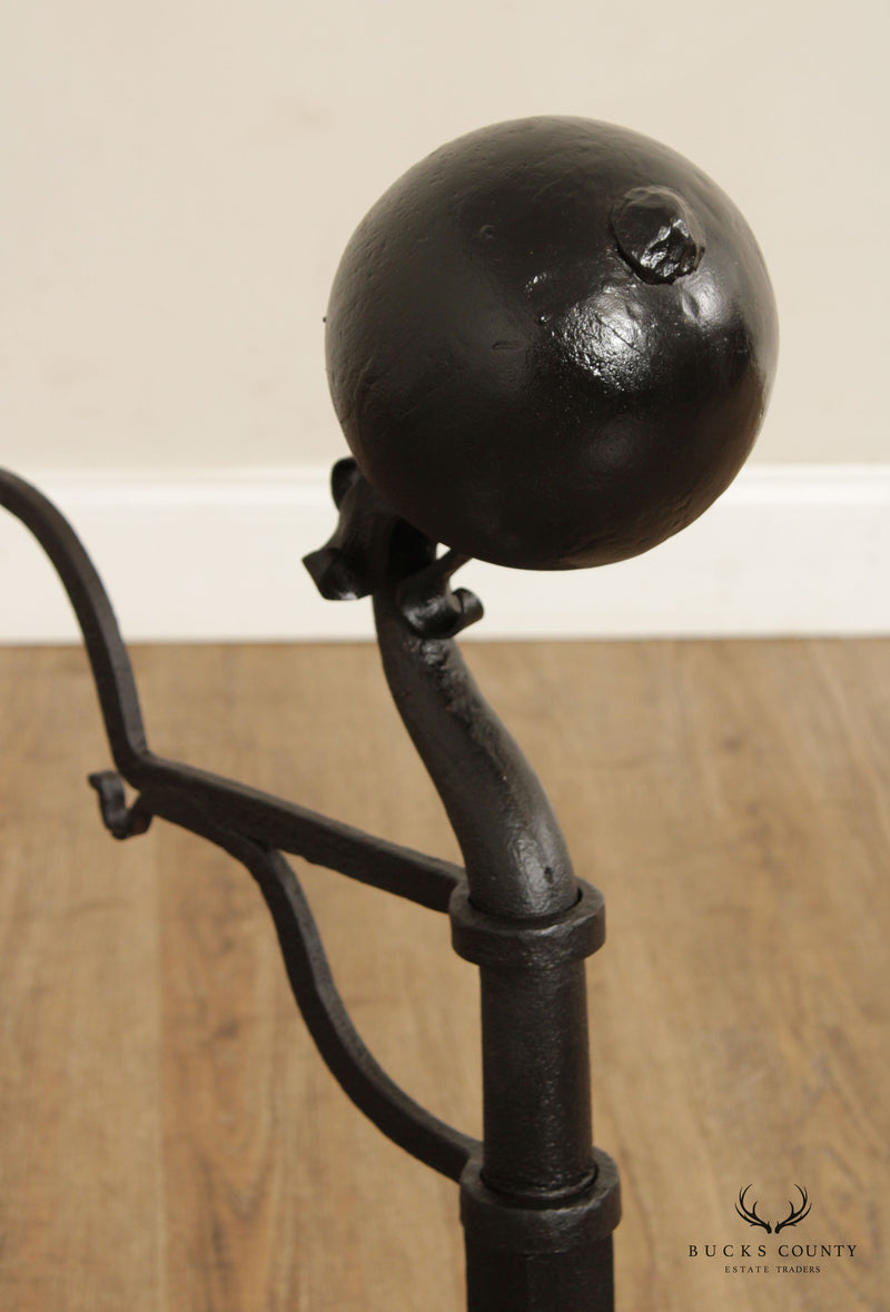 Antique 19th C. Pair Wrought Iron Cannonball Andirons