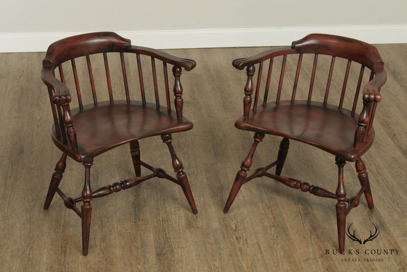 Duckloe Bros Vintage Distressed Finish Pair Low Back Windsor Armchairs