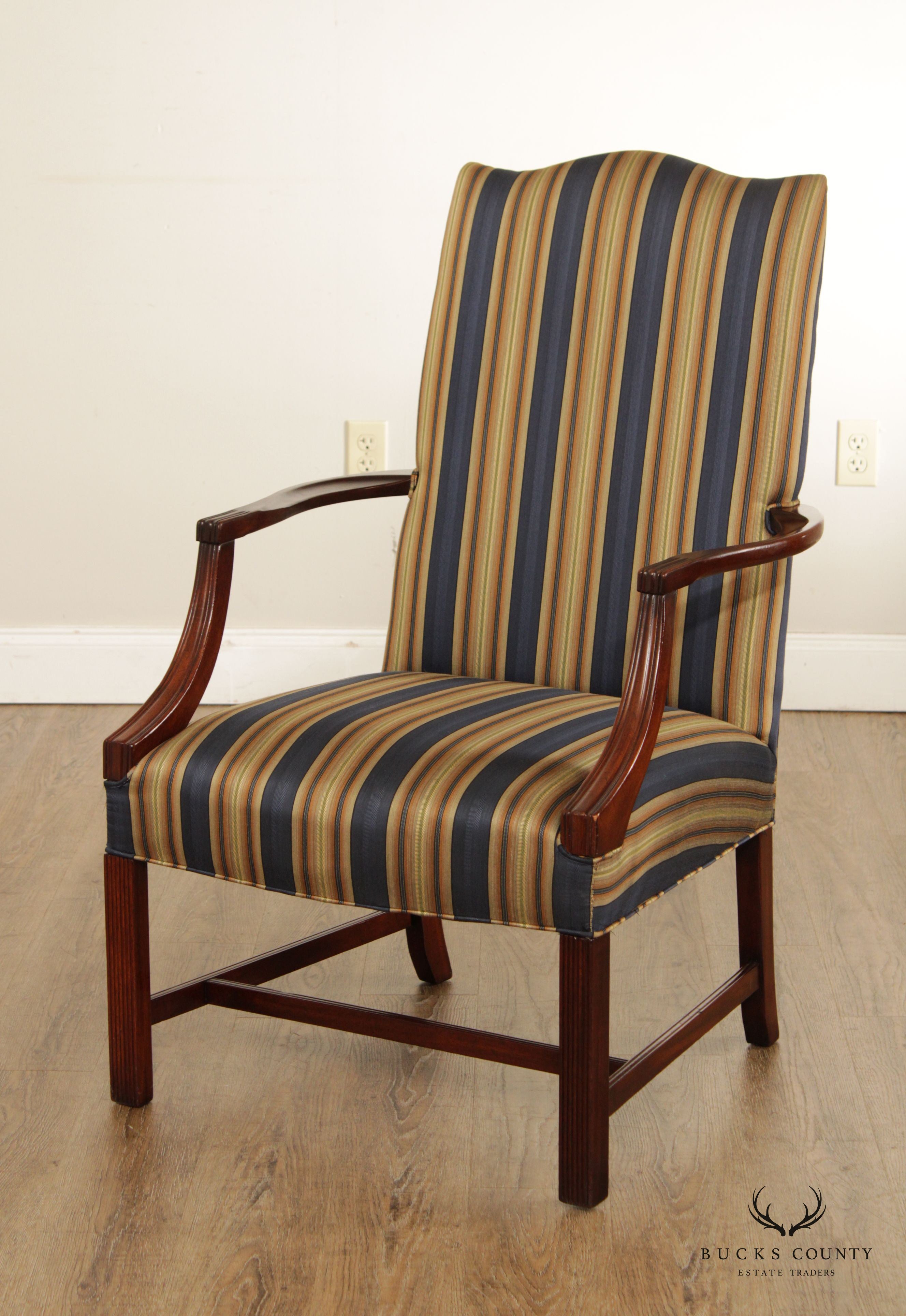 Chippendale Style Mahogany Custom Upholstered Library Arm Chair