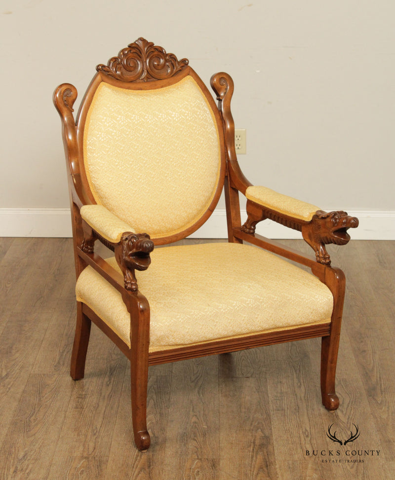 Antique French Empire Style Carved Maple and Beech Fauteuil Armchair