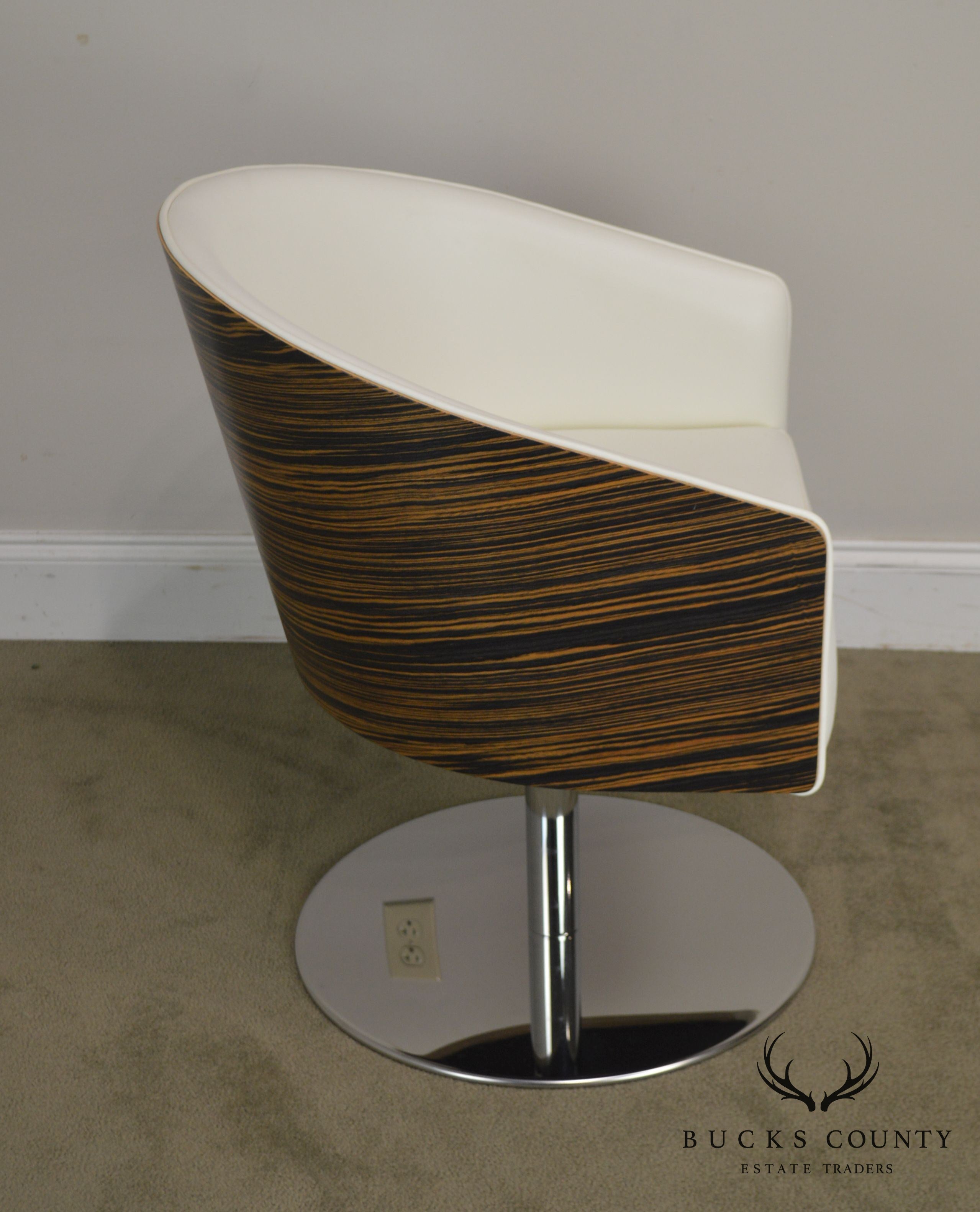 White Leather & Zebra Wood Barrel Back Chrome Pedestal Swivel Lounge Chair