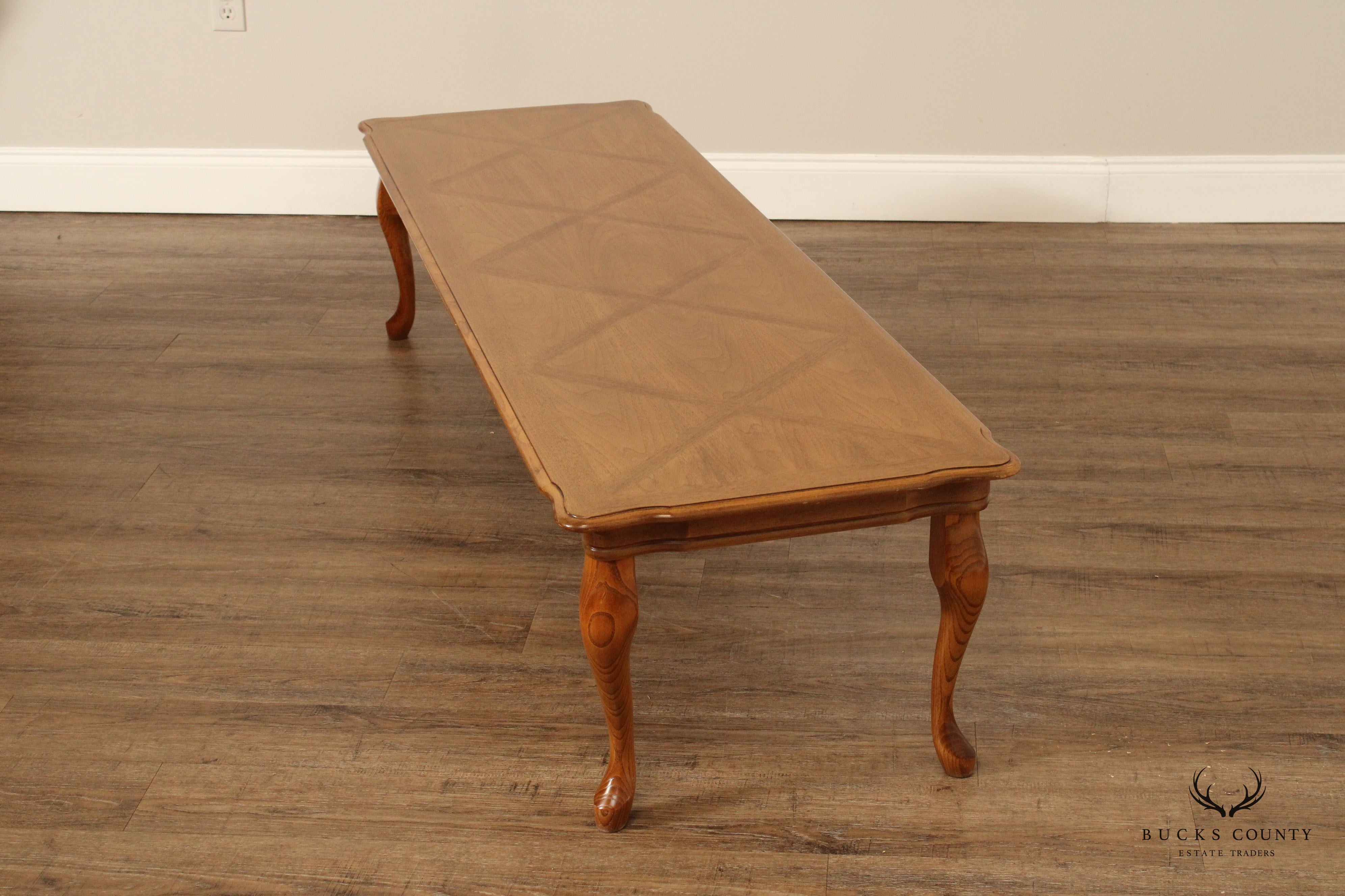 French Provincial Style Vintage Parquetry Top Walnut Long Coffee Table