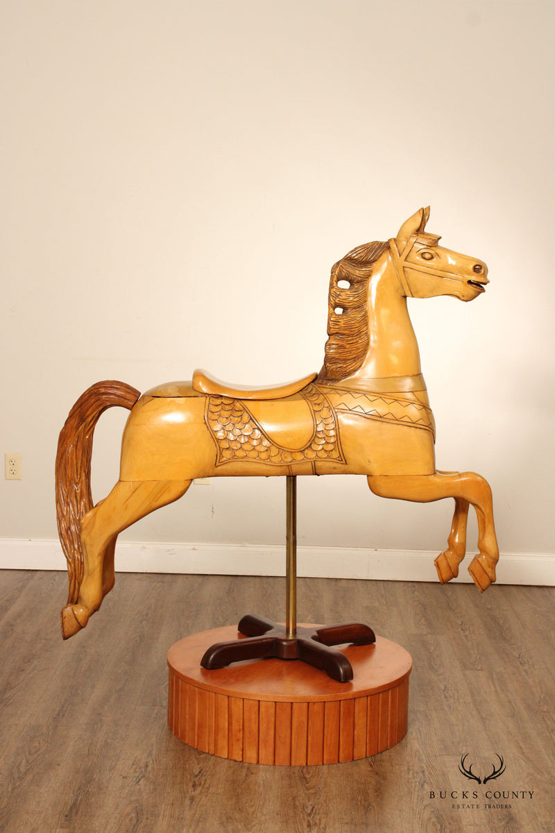Vintage Wooden Carved Carousel Horse on Stand