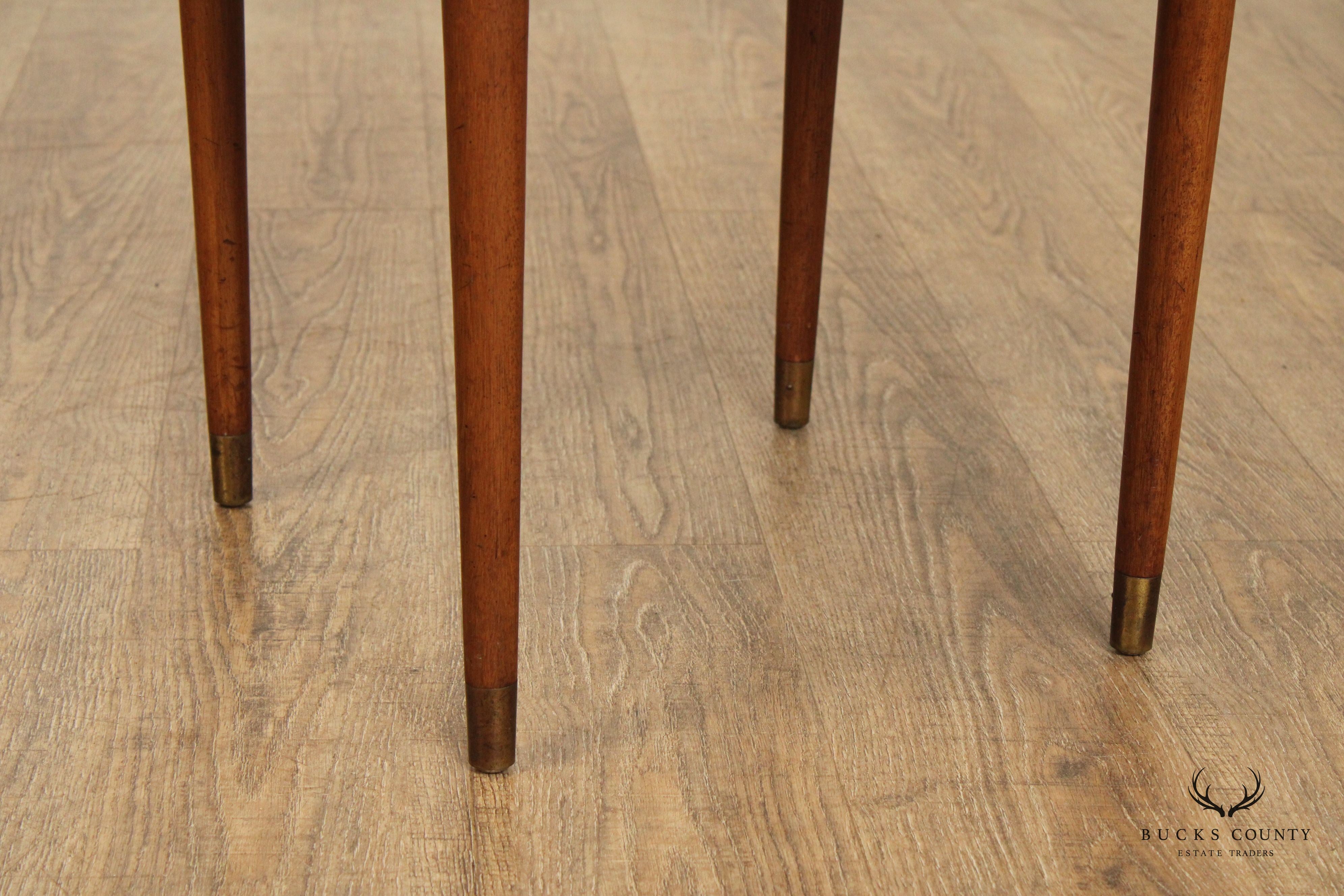 Italian Mid Century Round Travertine Top Walnut Side Table