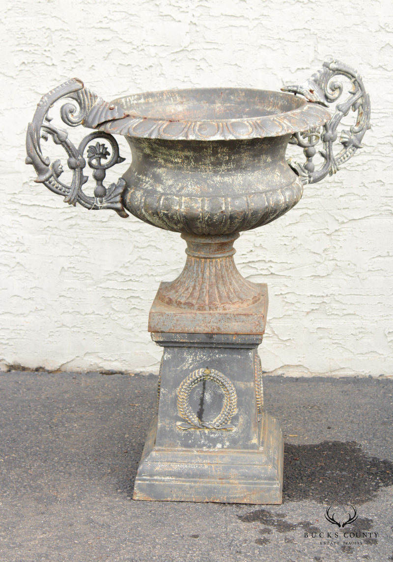 Neoclassical Style Pair of Cast Iron Outdoor Planter Urns