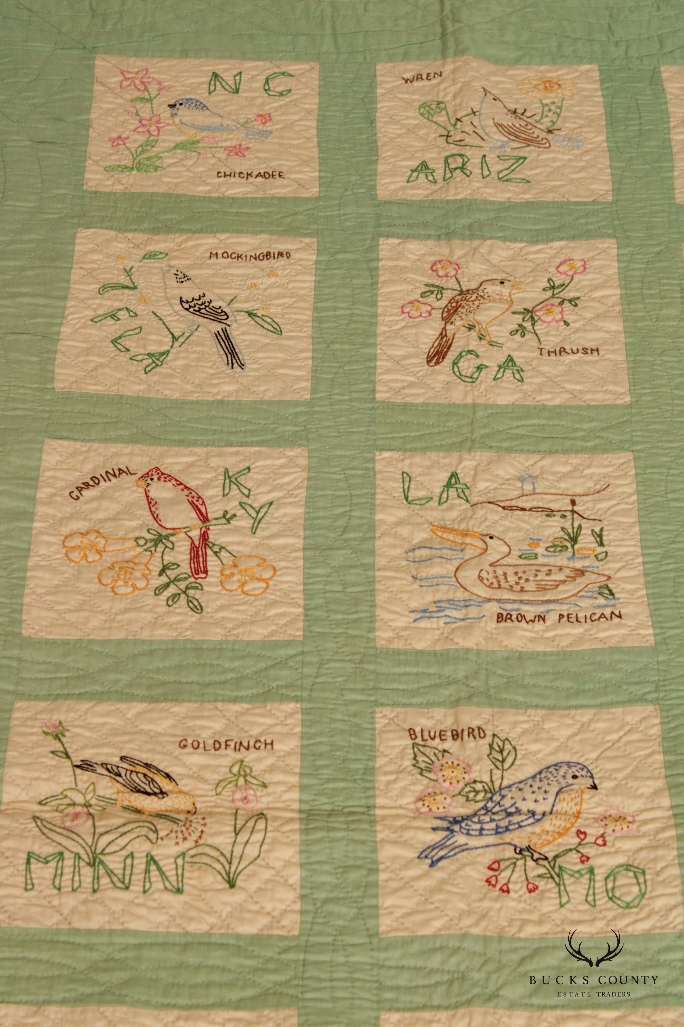 Vintage State Bird Embroidered Picture Quilt