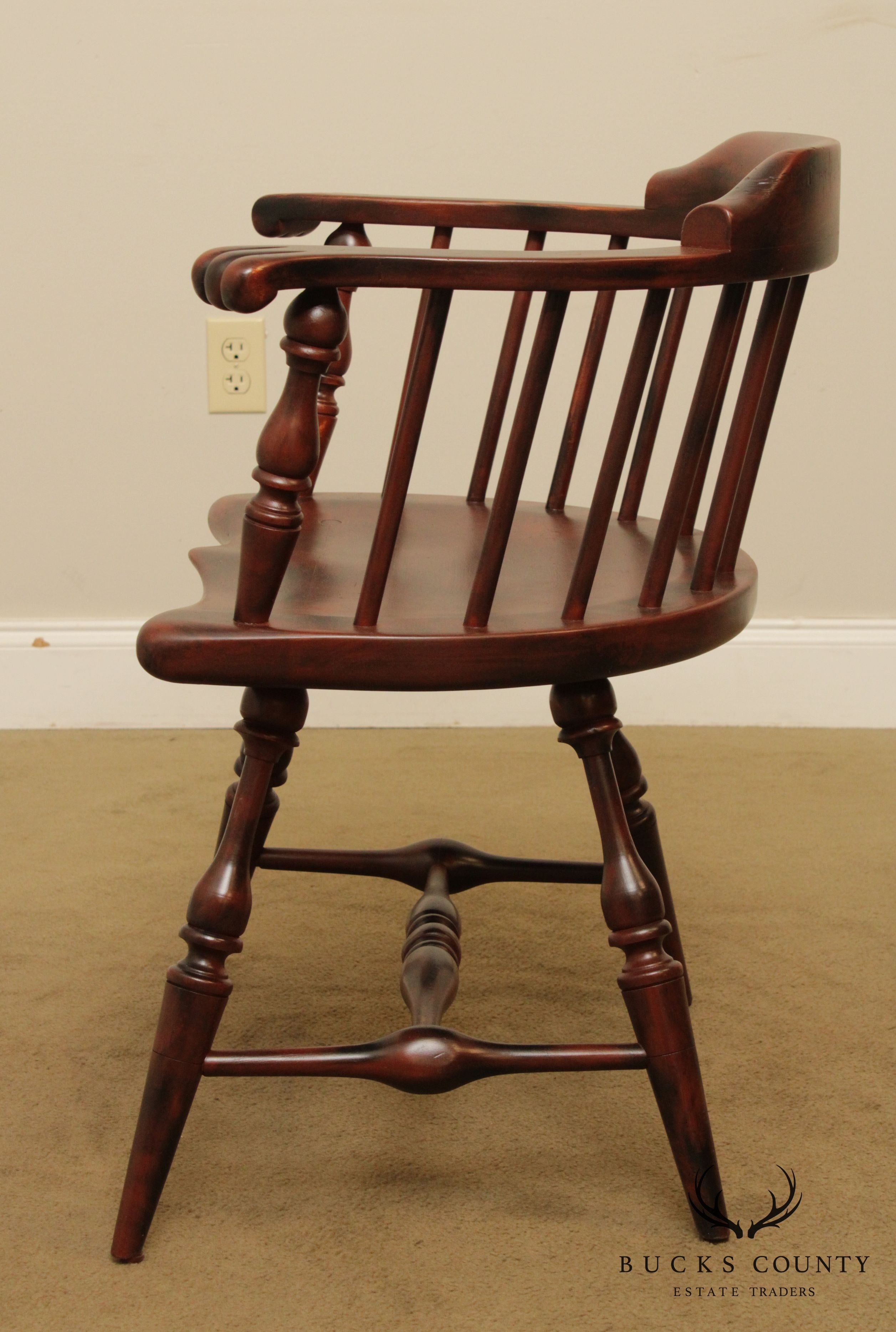 Duckloe Bros Vintage Distressed Finish Pair Low Back Windsor Armchairs