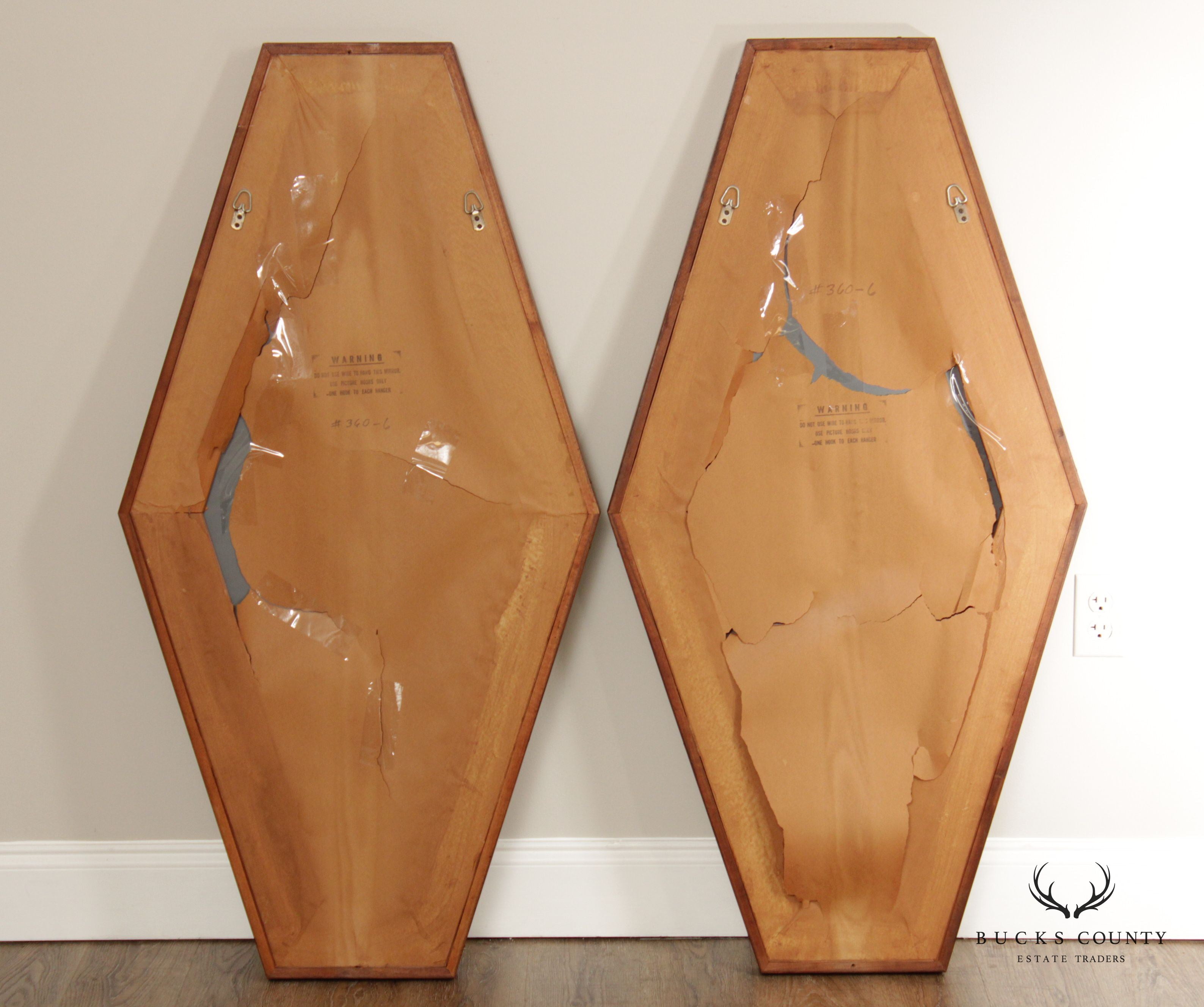 Mid Century Modern Pair of Walnut Hexagonal Accent Mirrors