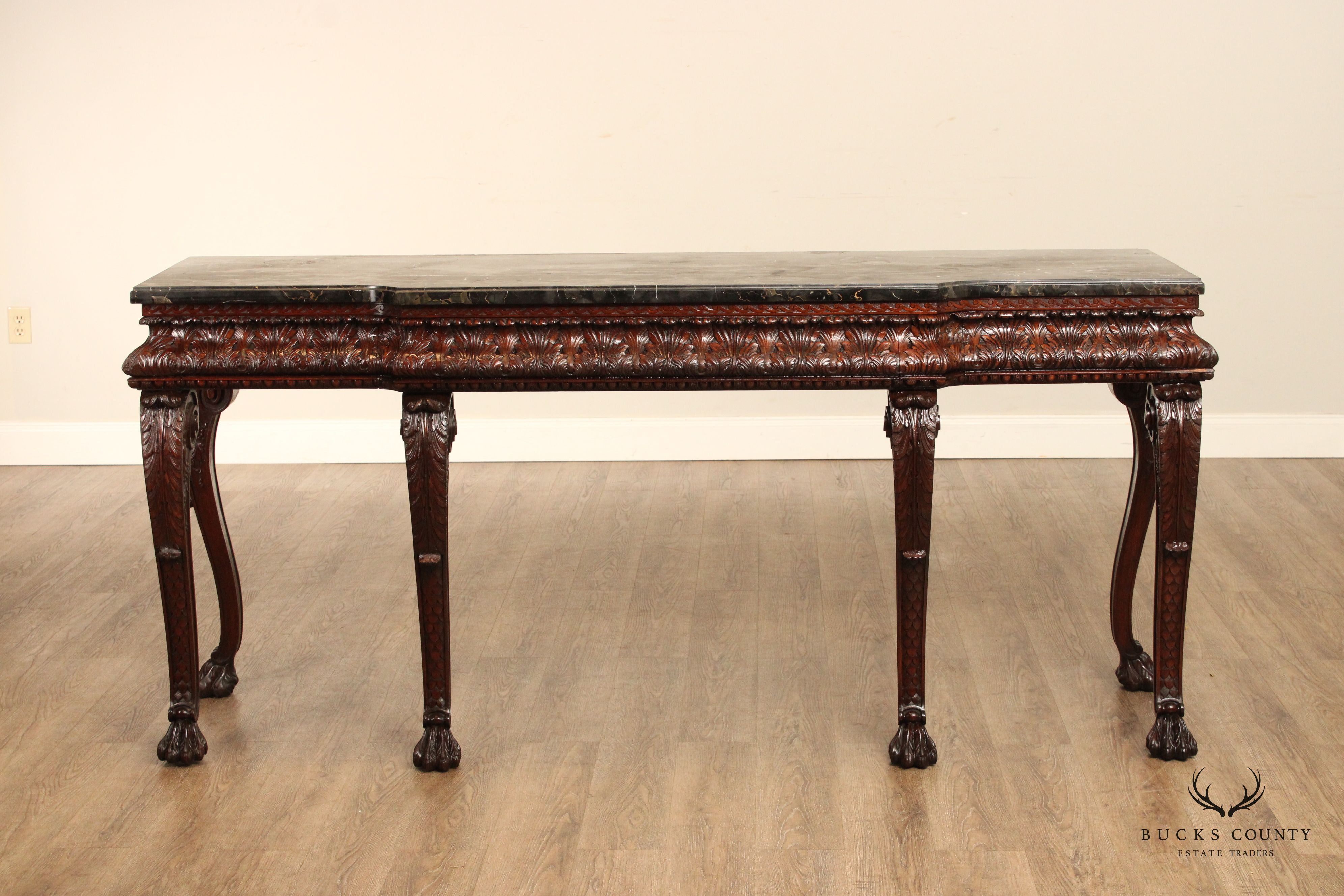 Antique Georgian Style Carved Mahogany Marble Top Console Table