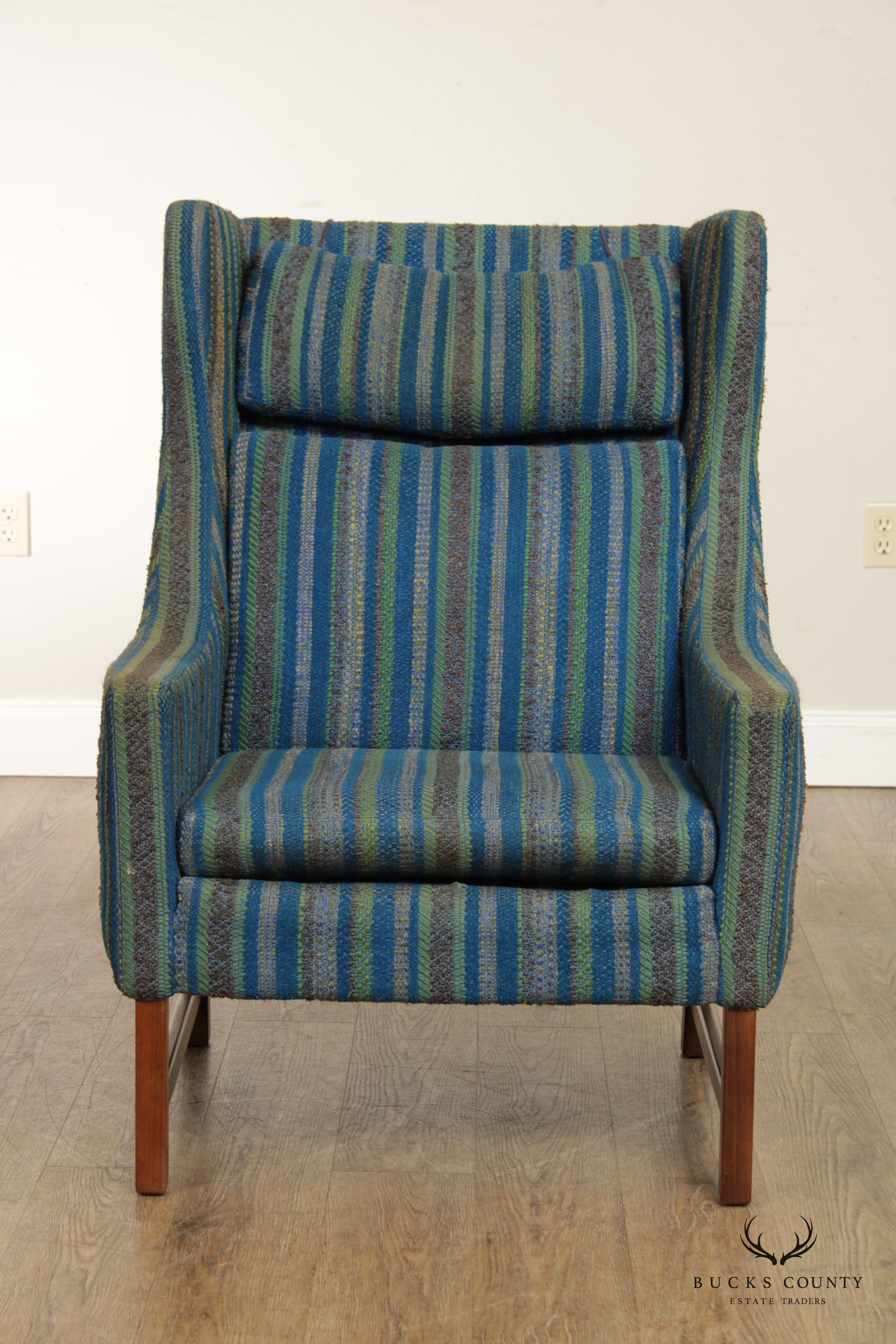 Mid Century Modern Custom Upholstered Winged Lounge Chair and Ottoman