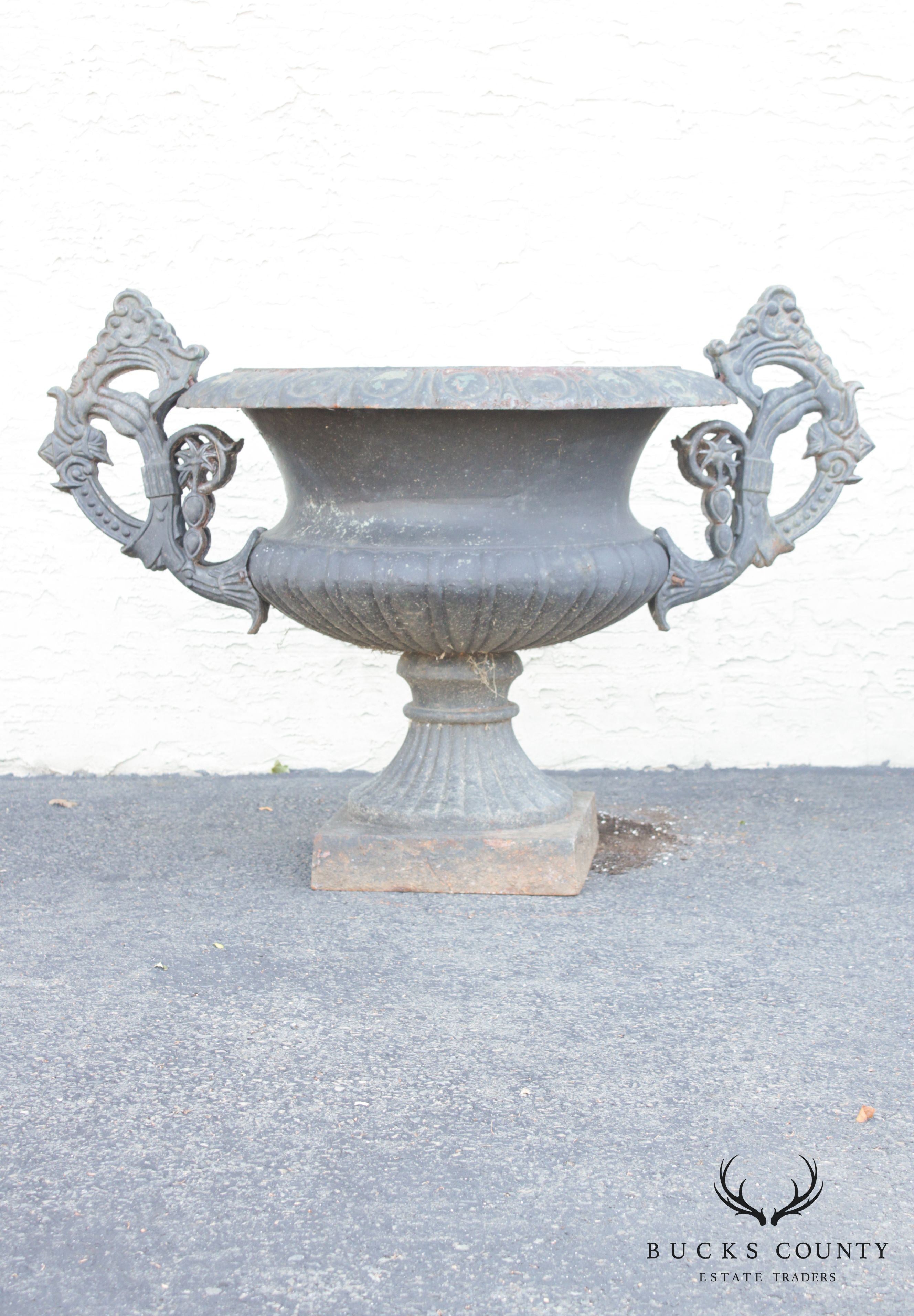 Large Vintage Pair Cast Iron Garden Urns