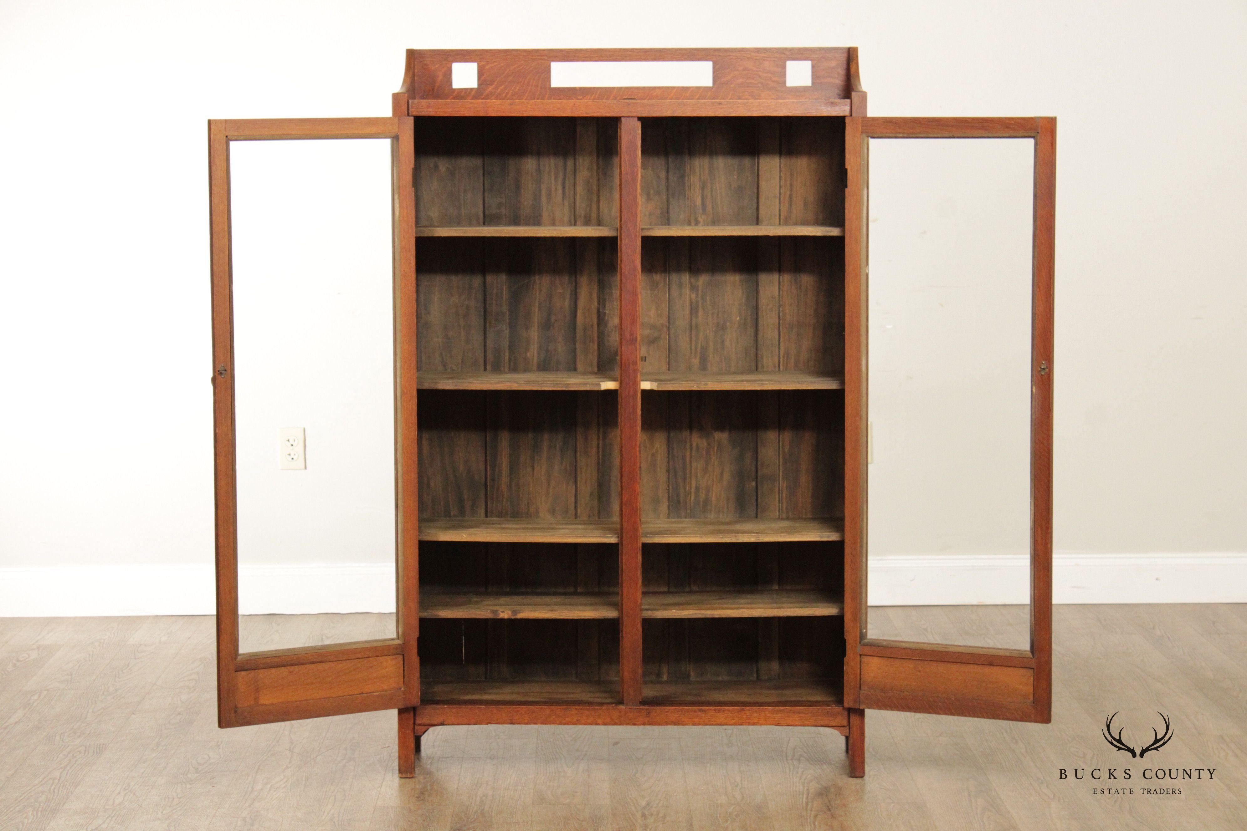 Antique Arts & Crafts Mission Oak Two-Door Bookcase