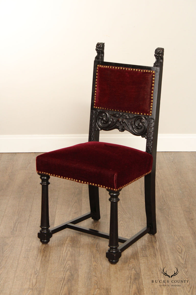 GOTHIC REVIVAL STYLE ANTIQUE CARVED FRAME AND VELVET OCCASIONAL SIDE CHAIR
