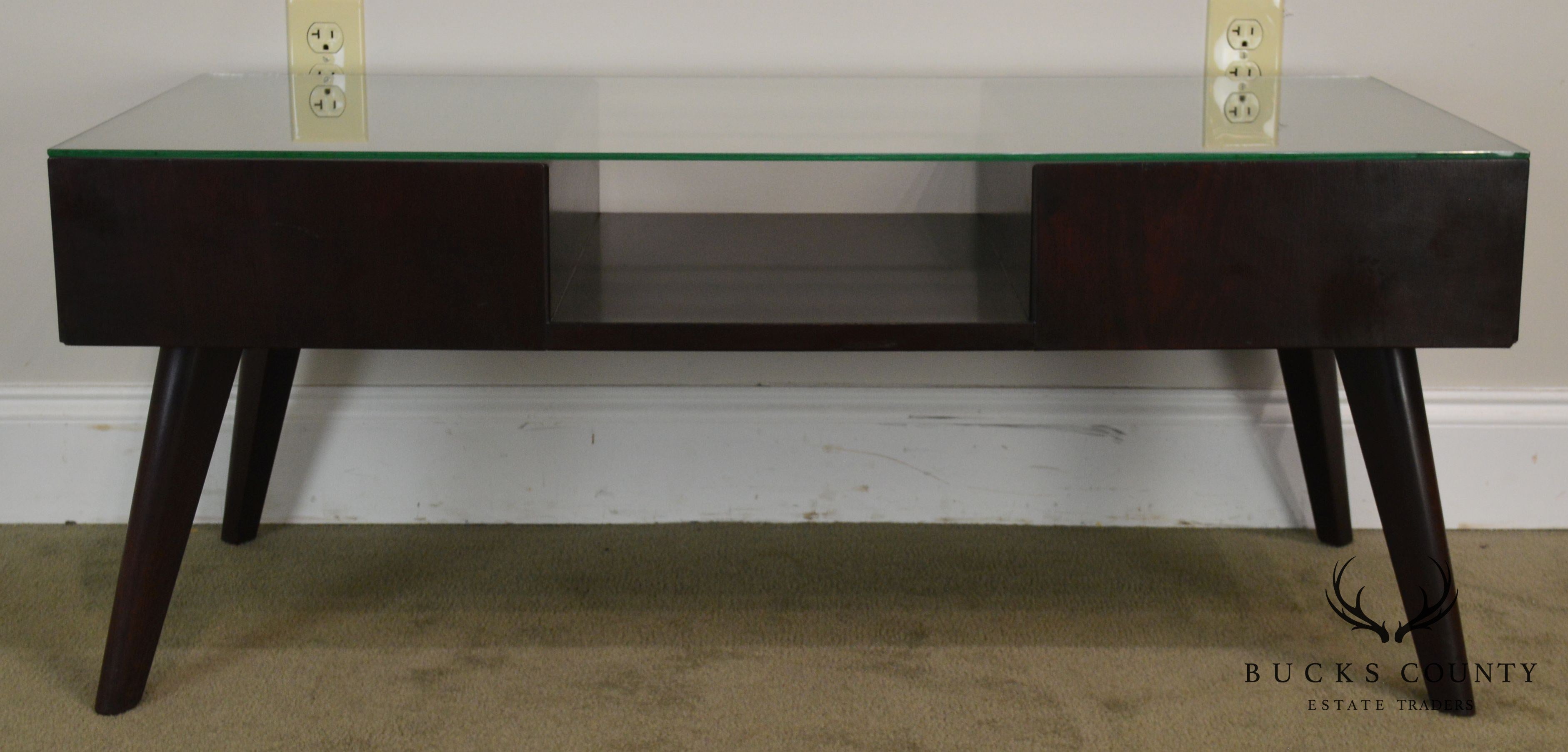 Mid Century Modern Vintage Mahogany 2 Drawer Glass Top Coffee Table