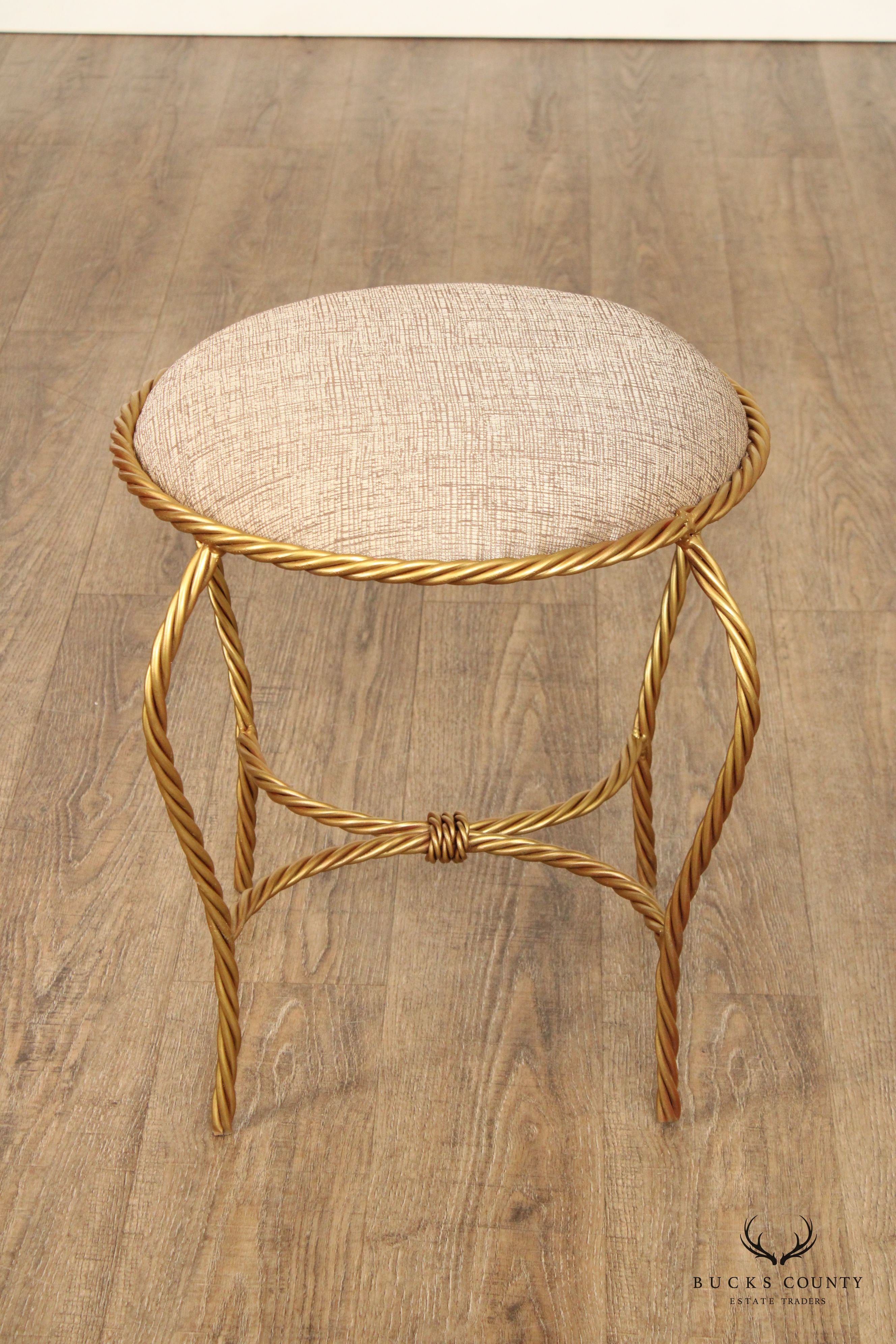 Hollywood Regency Pair of Gilt Metal Rope Twist Stools