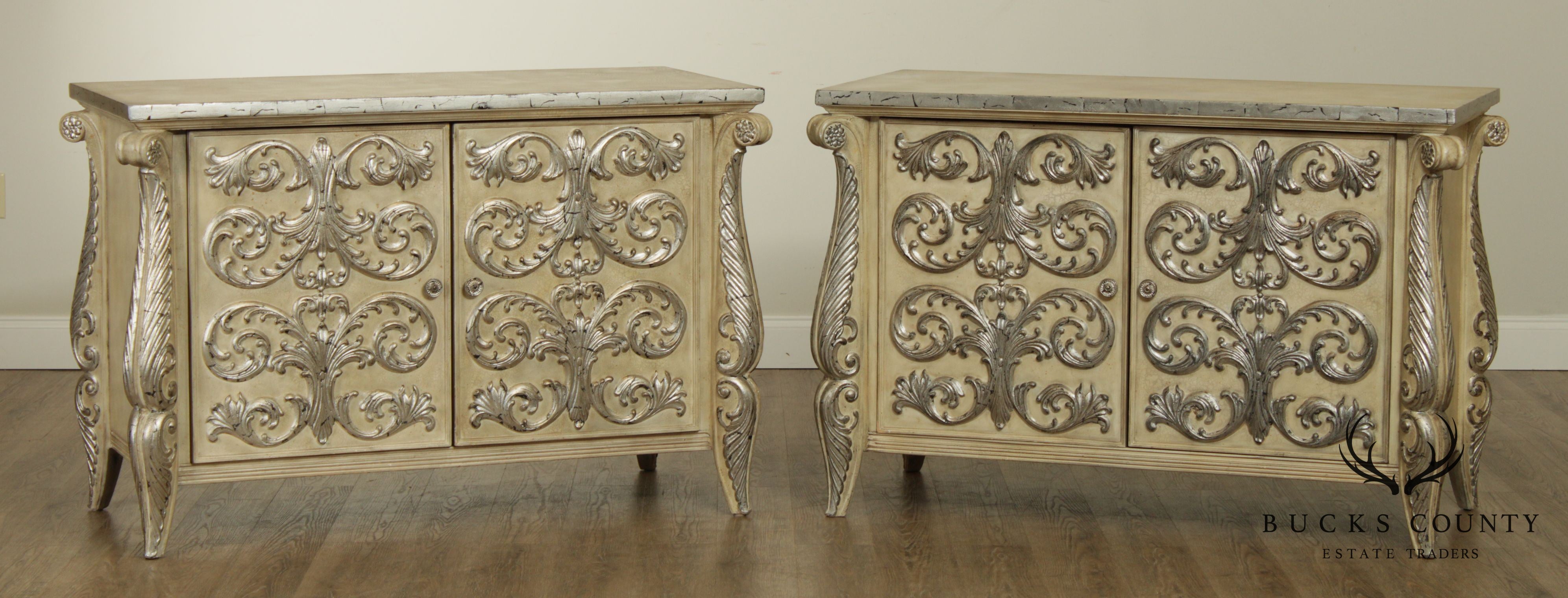 Rococo Style Custom Pair Silver Leaf Foliage 2 Door Commodes Servers