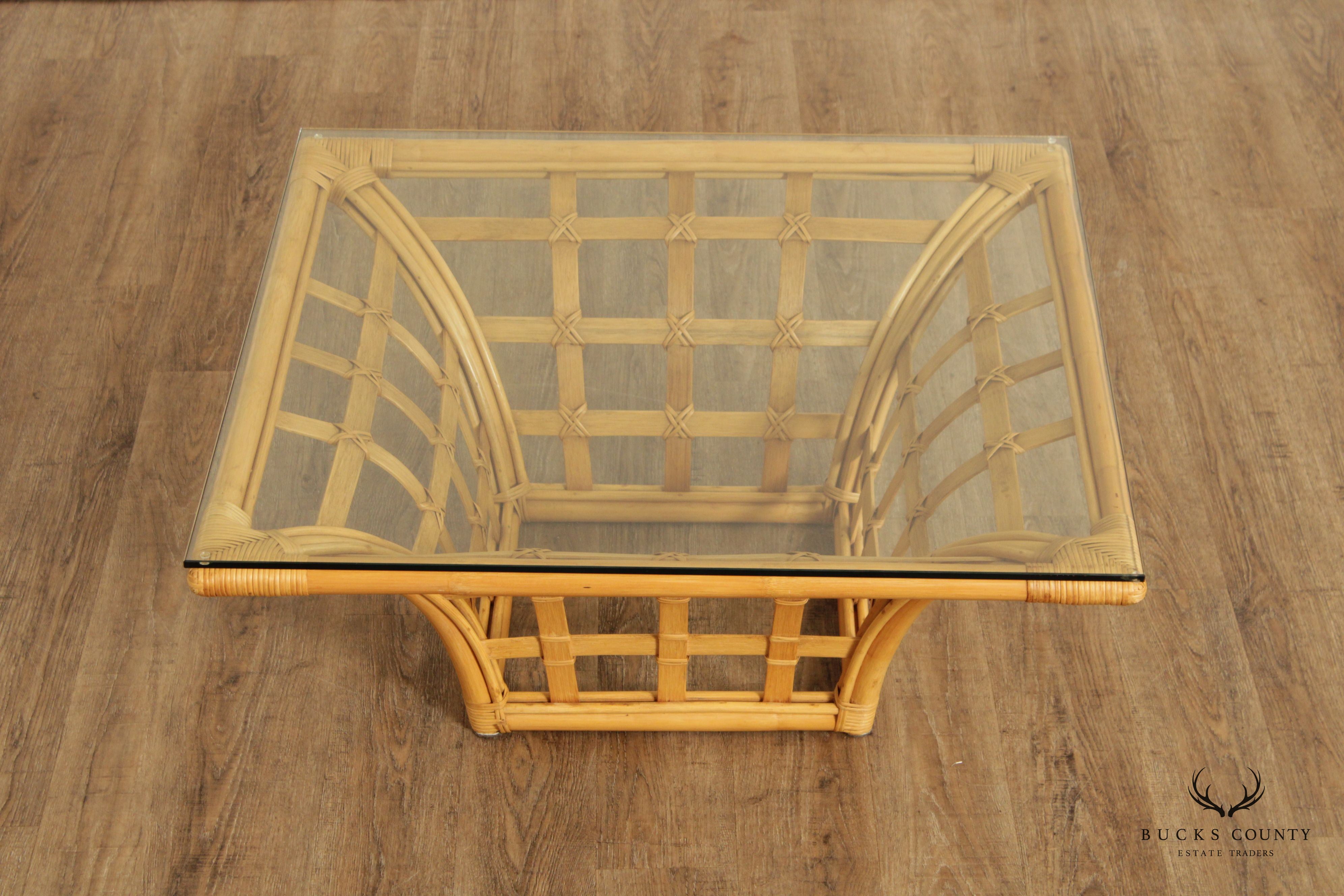 1970's Modern Rattan Glass Top Square Coffee Table