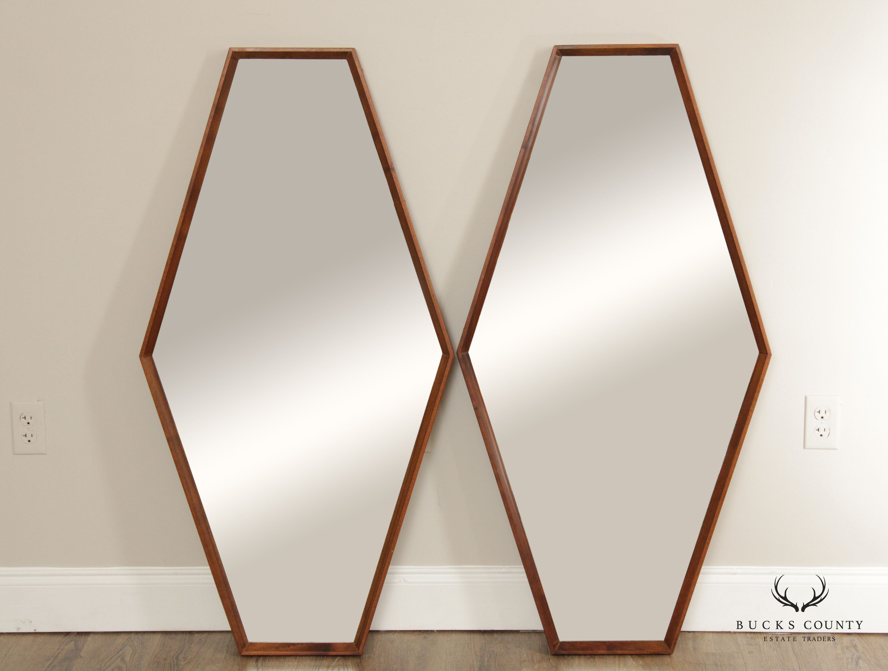 Mid Century Modern Pair of Walnut Hexagonal Accent Mirrors