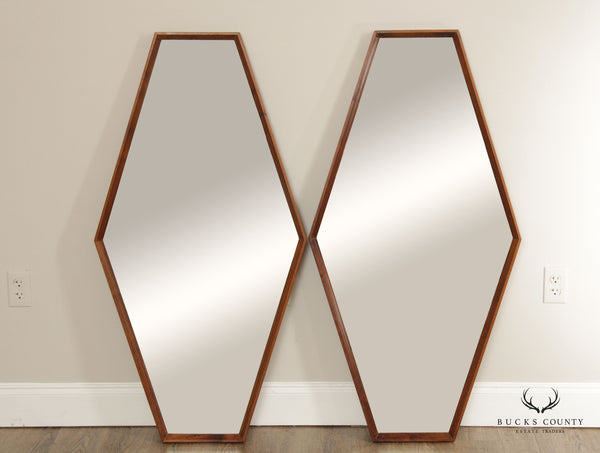 Mid Century Modern Pair of Walnut Hexagonal Accent Mirrors