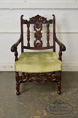 1920s Jacobean Style Solid Mahogany Carved Arm Chair (possibly Kittinger)