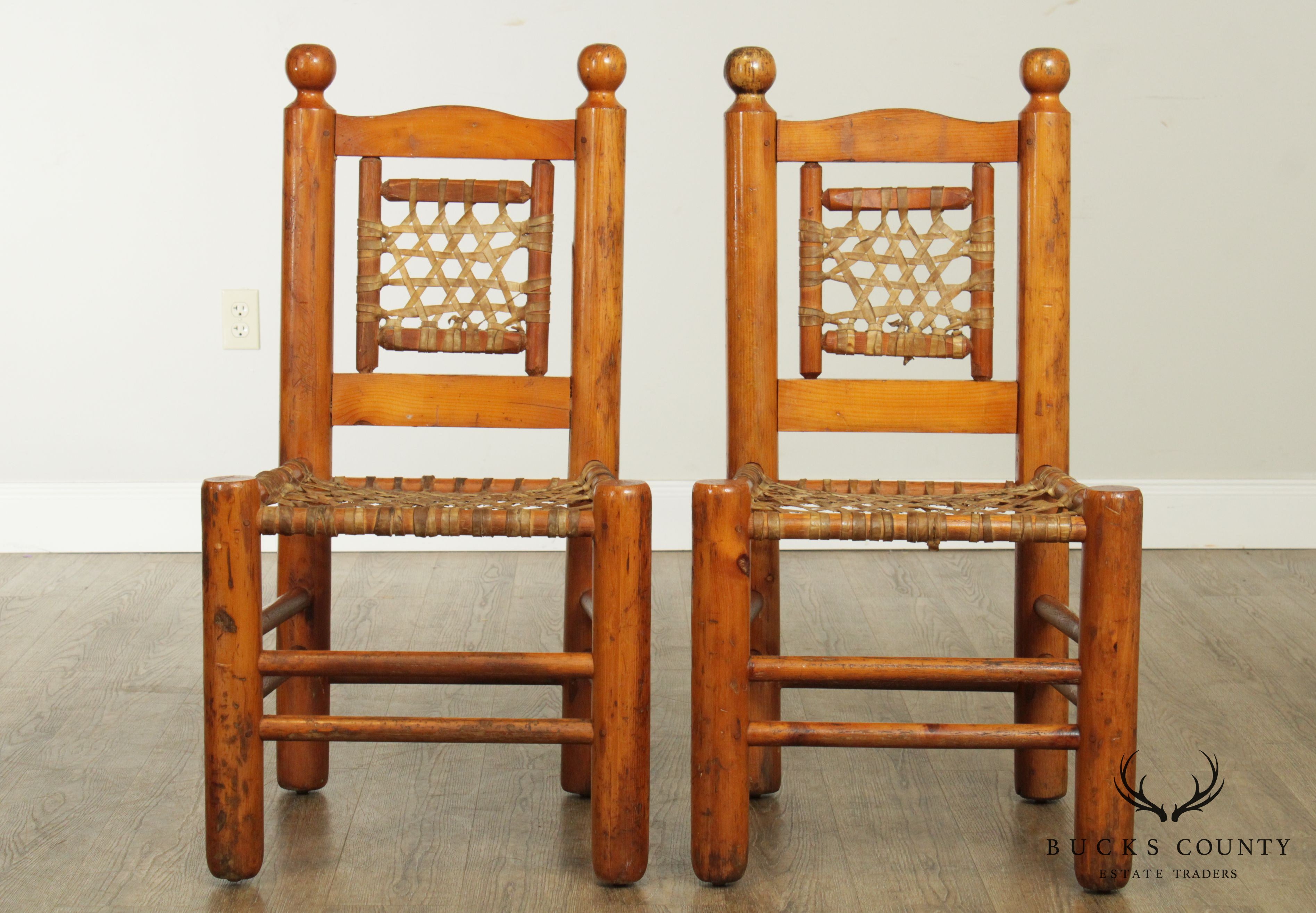 Vintage Pair Pine Rawhide Lace Side Chairs