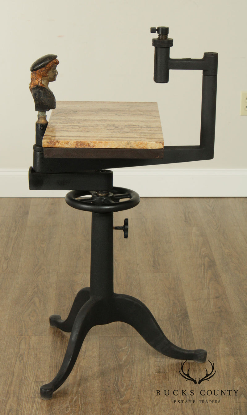 Industrial Work Table Converted to Side Table with Marble Top