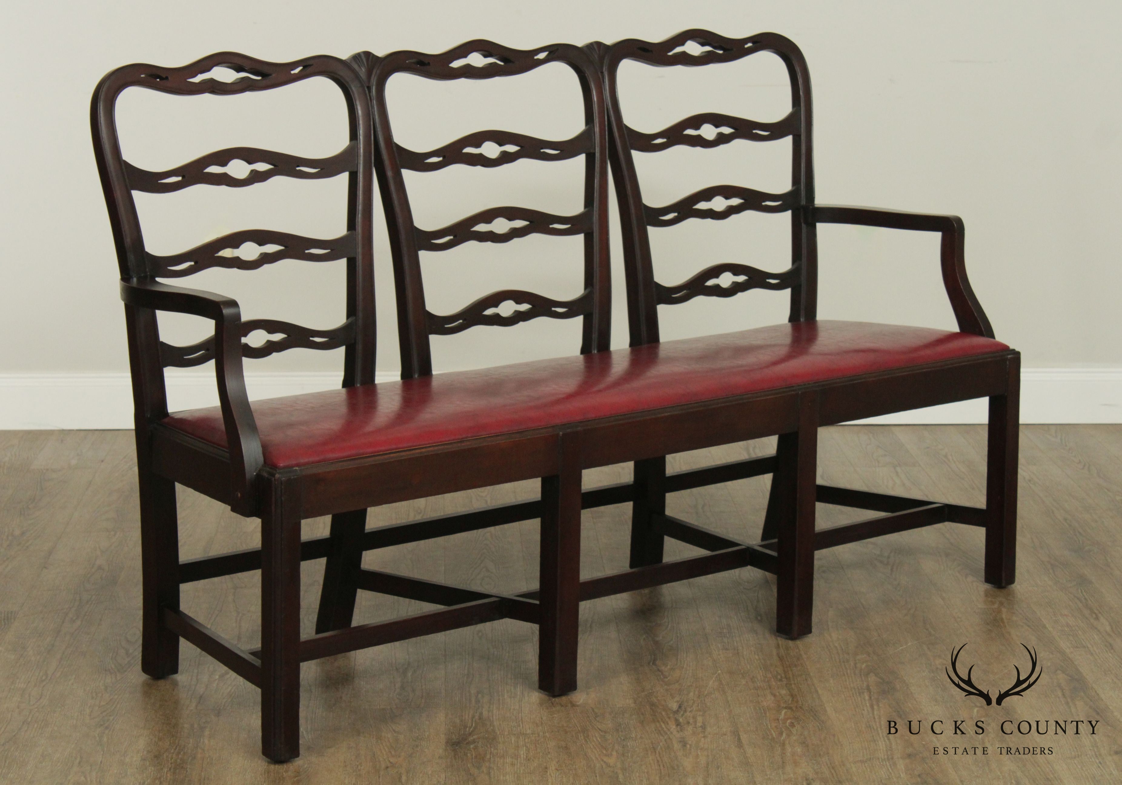 Chippendale Style Vintage Custom Mahogany Triple Ladder Back Settee