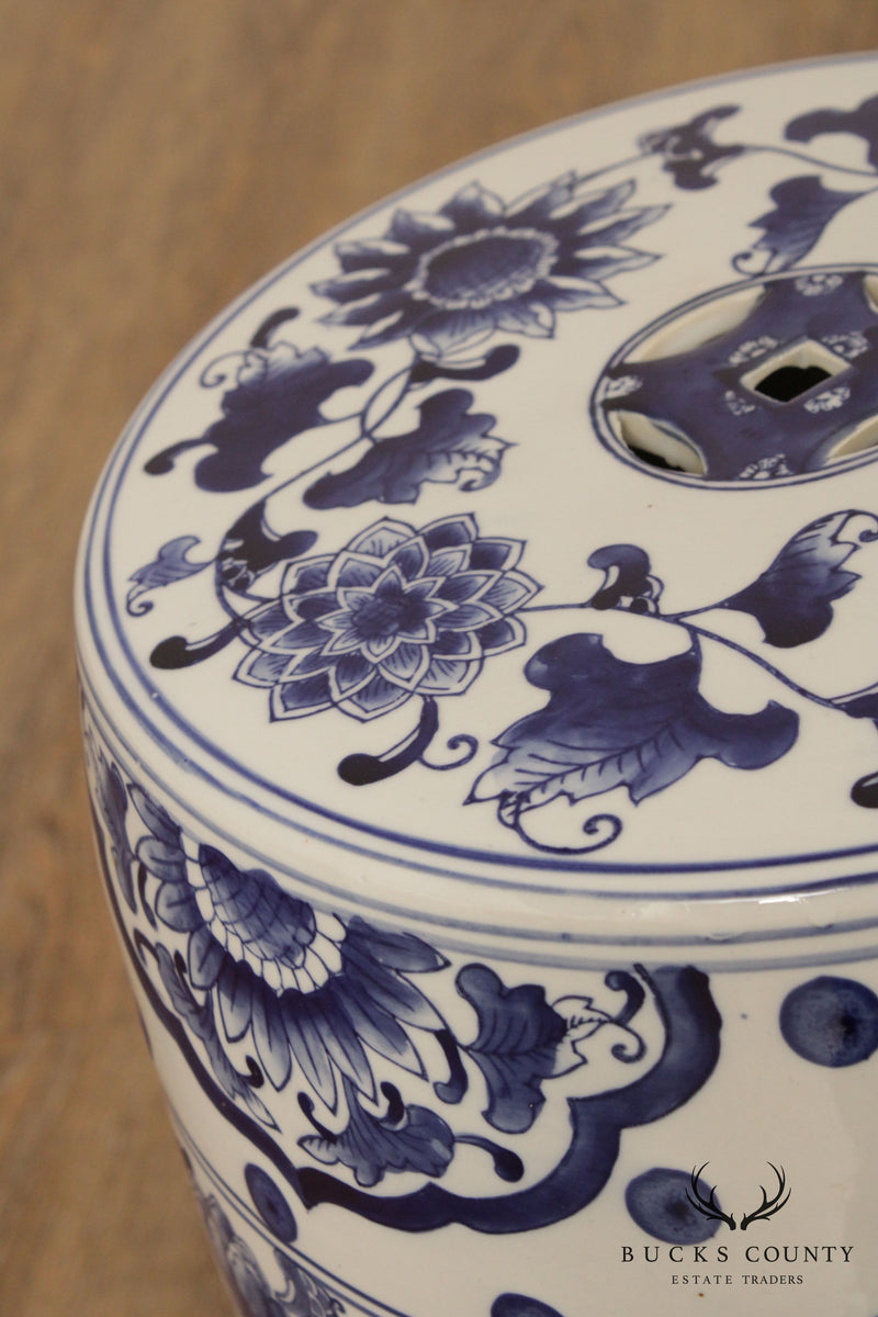 Vintage Asian Inspired Blue and White Porcelain Garden Stool
