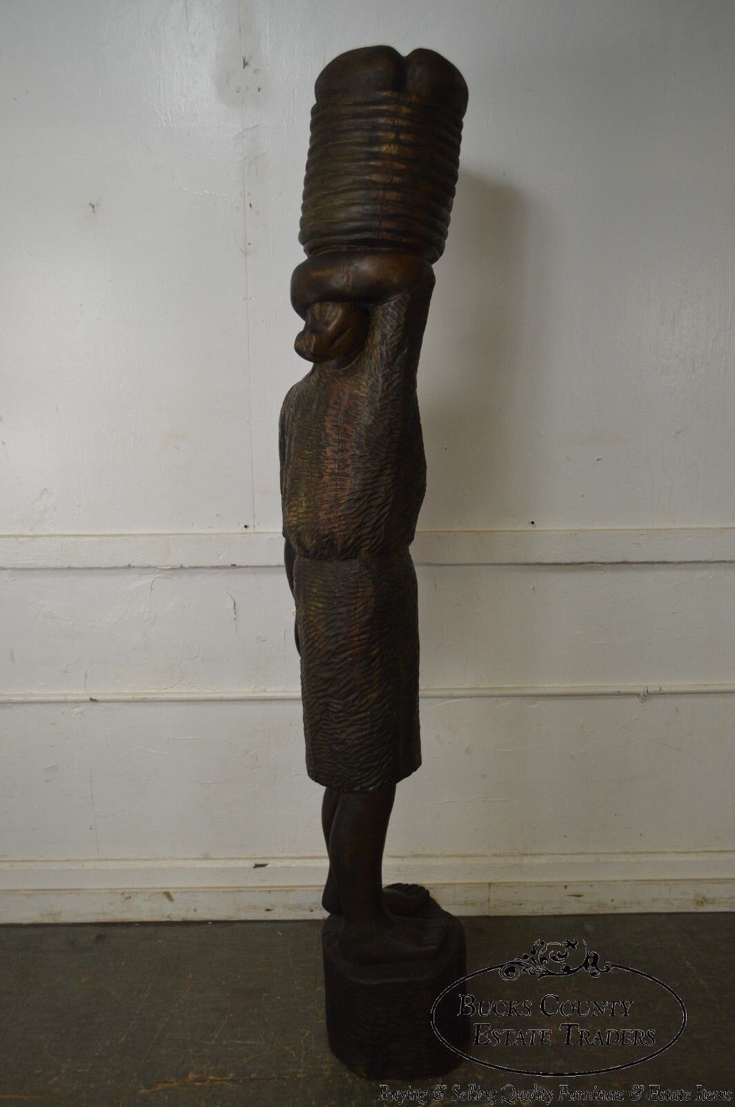 Haitian Vintage Hand Carved Wooden Folk Art Statue Woman Holding Basket on Head