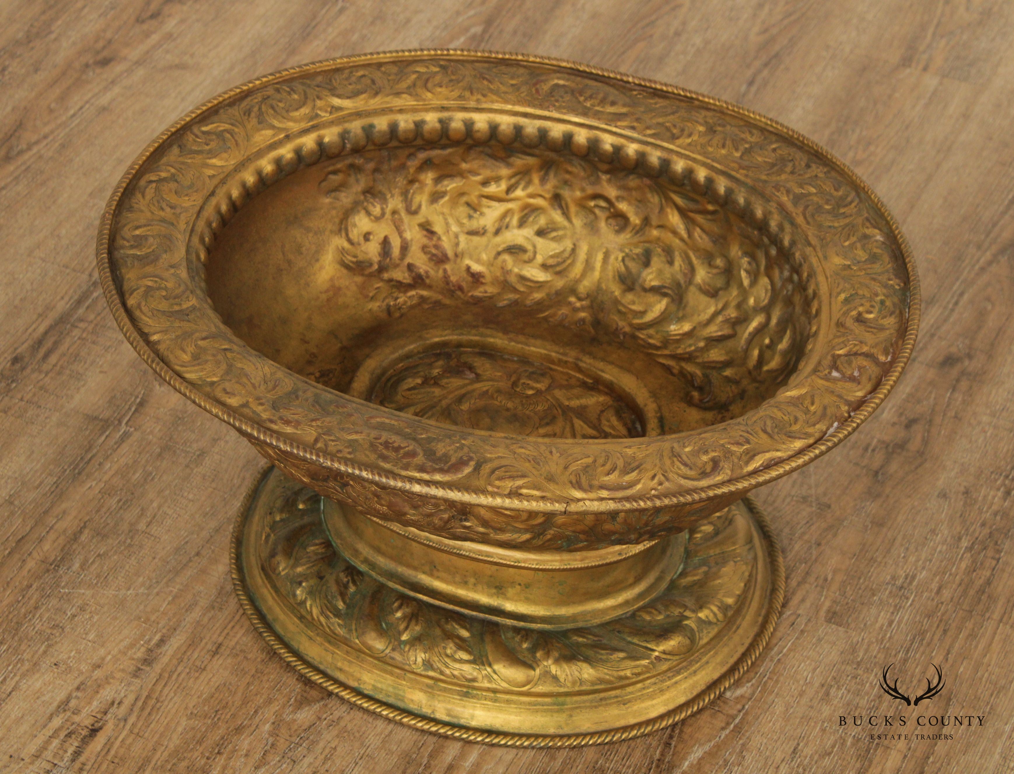 Antique Italian Repoussé Brass Cache Pot