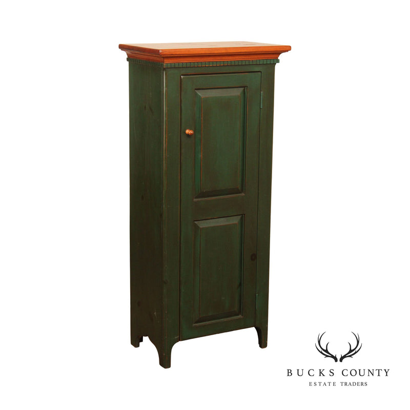 Farmhouse Style Green Painted Narrow Pine Cabinet