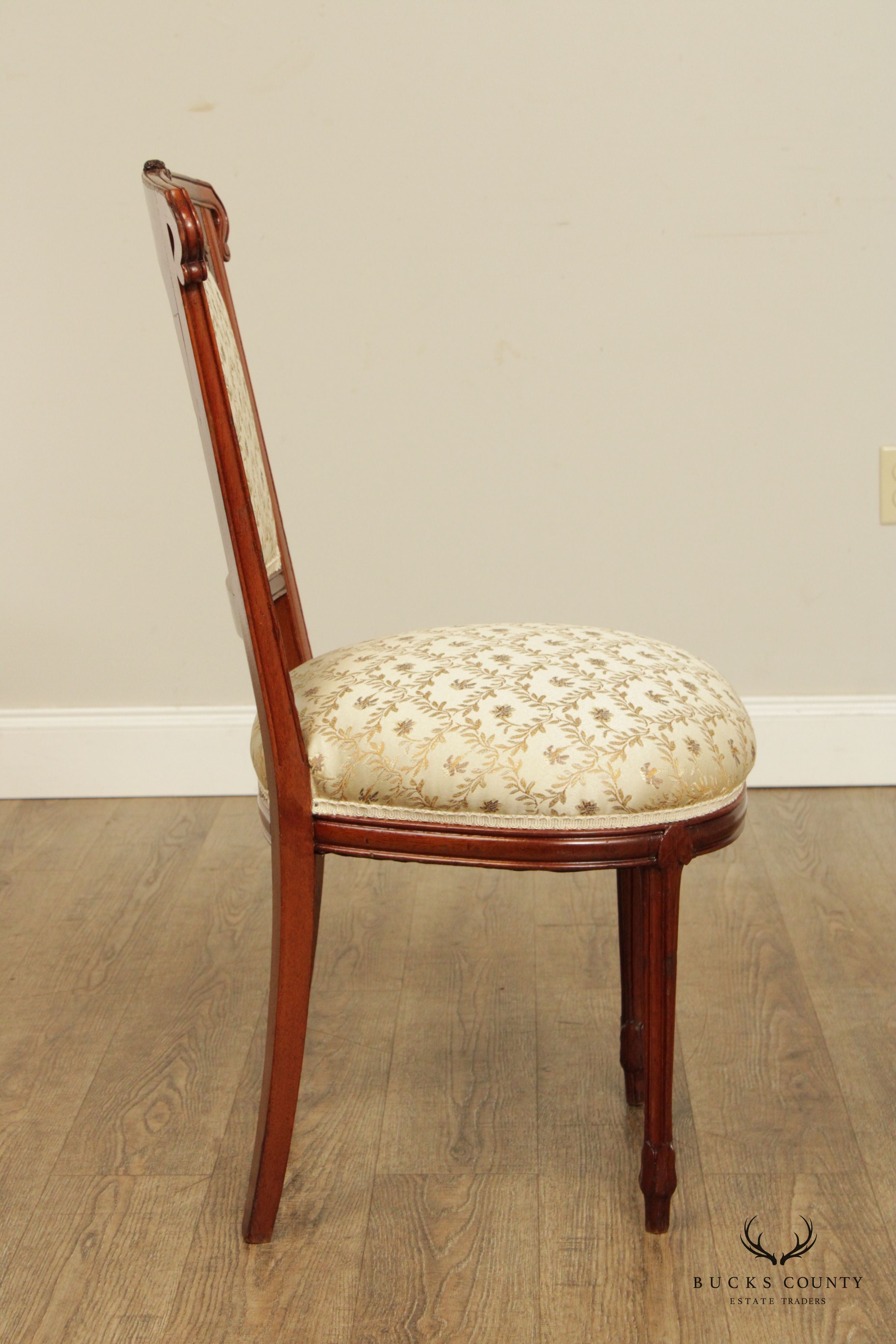 Antique French Art Nouveau Exceptional Quality Carved Mahogany Pair Upholstered Side Chairs