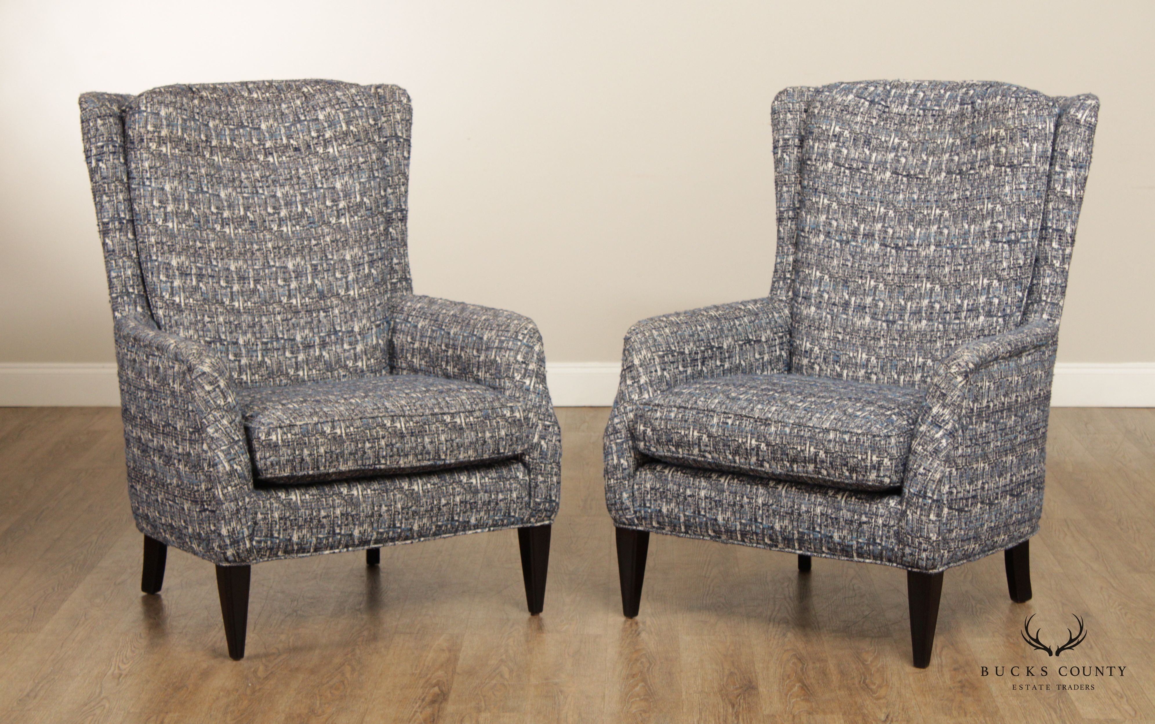 QUALITY PAIR CUSTOM UPHOLSTERED MODERN WING CHAIRS