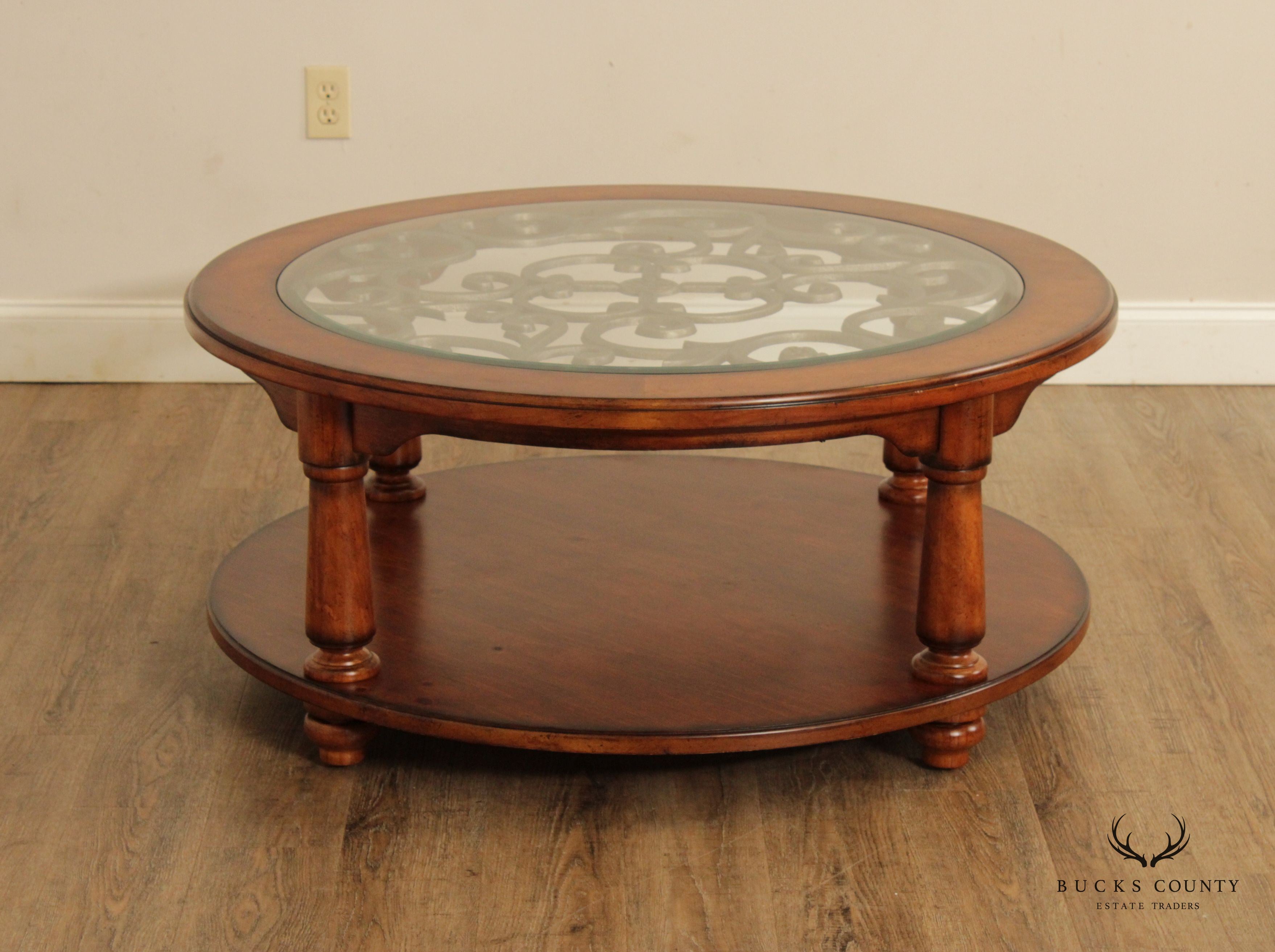 Rustic European Style Wood and Glass Top Iron Scroll Round Cocktail Table